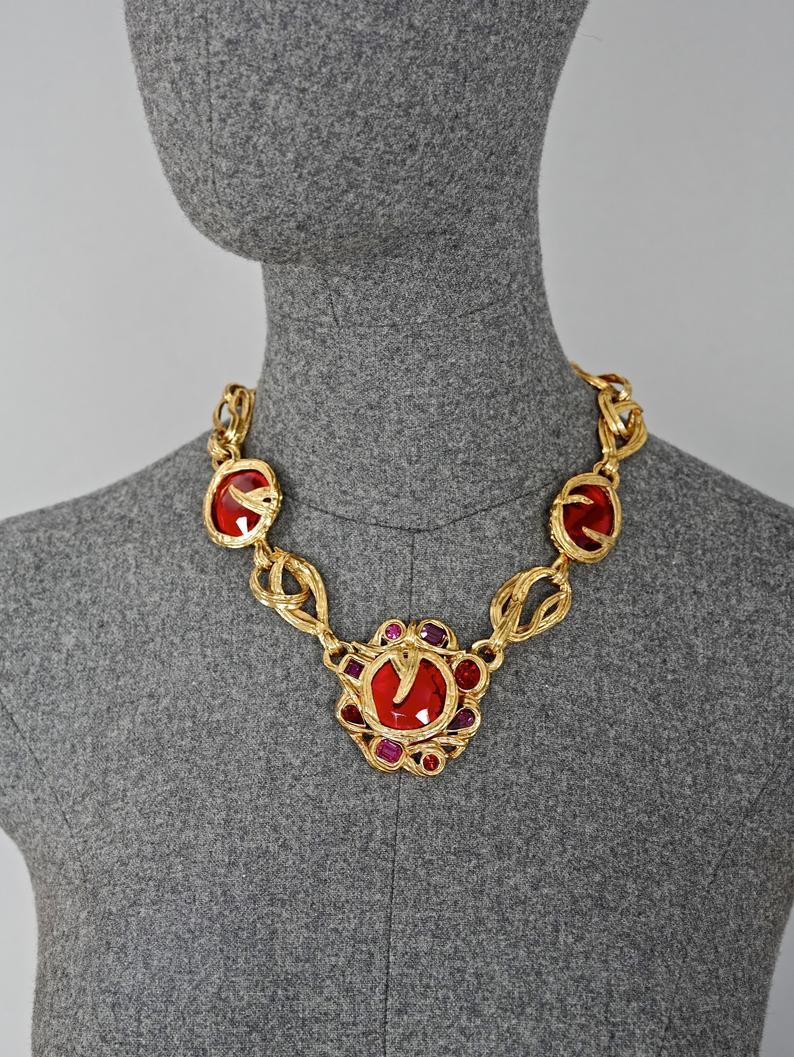 Vintage YVES SAINT LAURENT Ysl Robert Goossens Ruby Rhinestone Flower Necklace 2