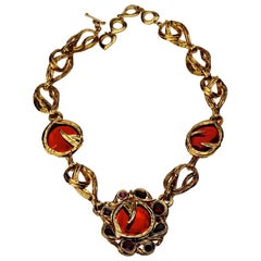 Vintage YVES SAINT LAURENT Ysl Robert Goossens Ruby Rhinestone Flower Necklace