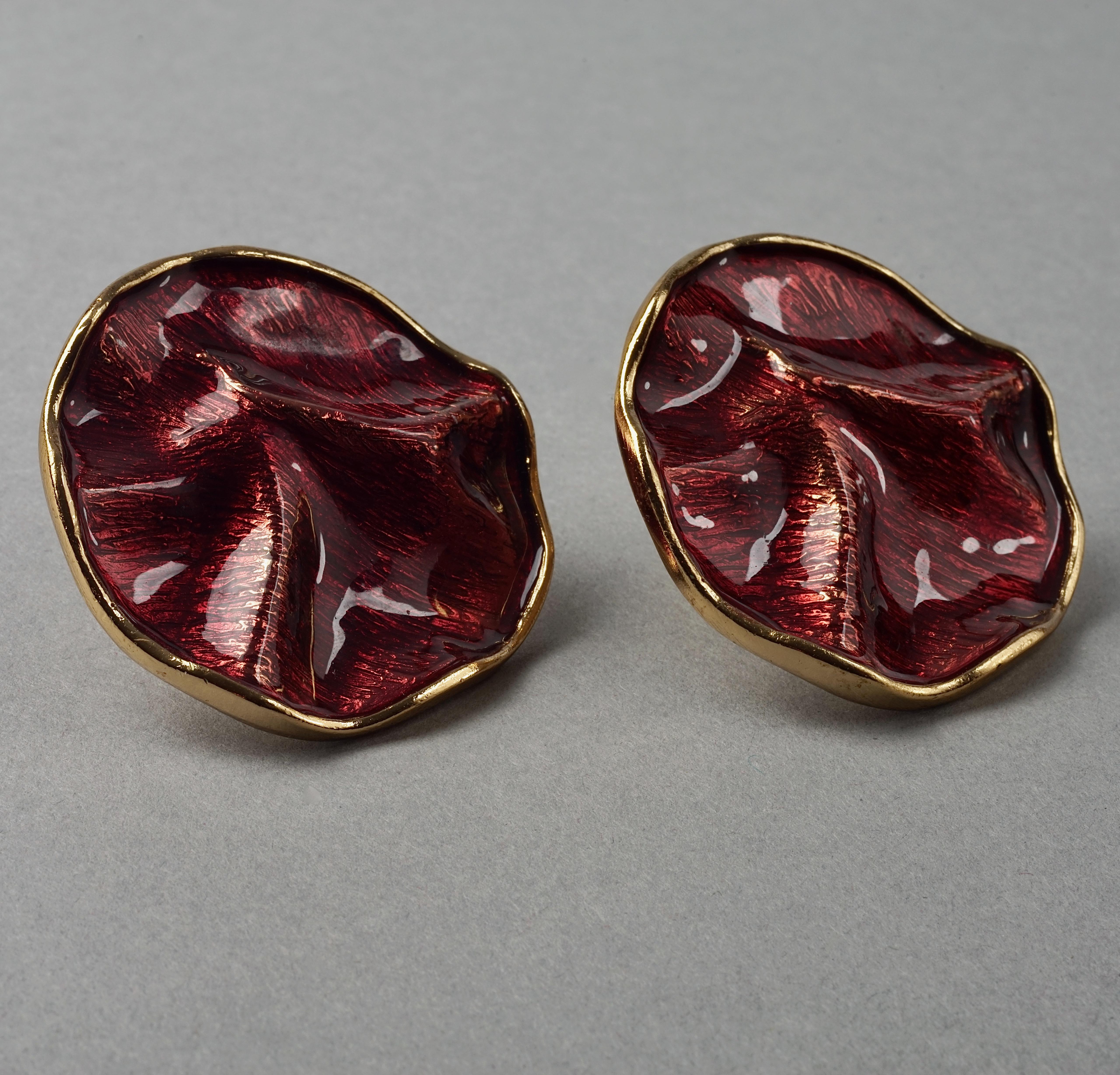 Women's Vintage YVES SAINT LAURENT Ysl Robert Goossens Wrinkled Red Enamel Disc Earrings