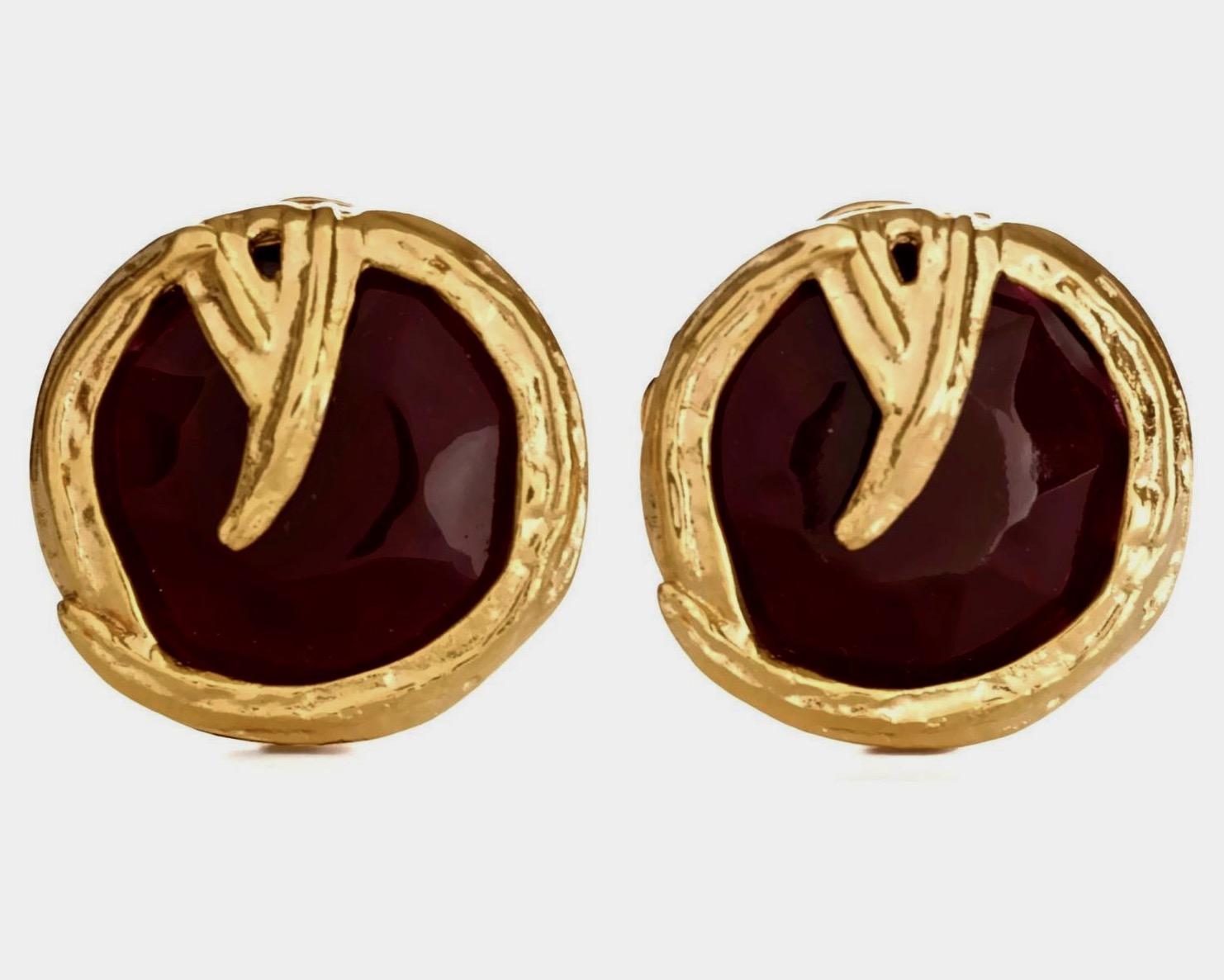 Vintage YVES SAINT LAURENT Ysl Ruby Red Faceted Gilt Earrings 2