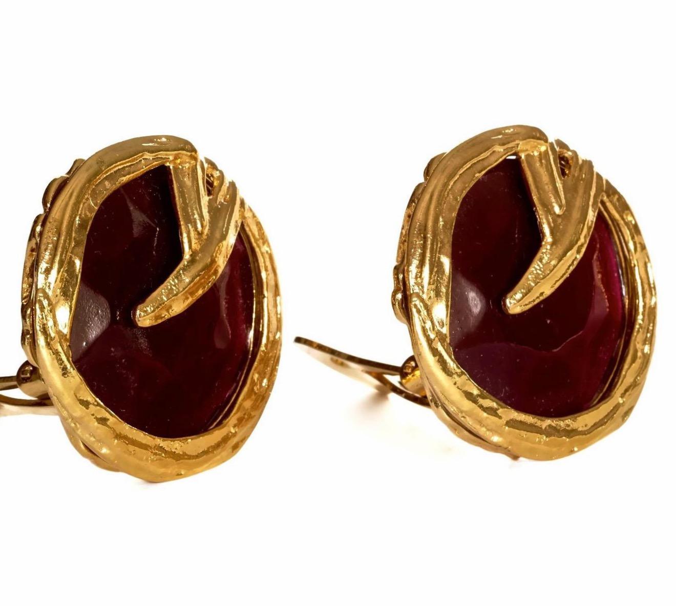 Vintage YVES SAINT LAURENT Ysl Ruby Red Faceted Gilt Earrings 3