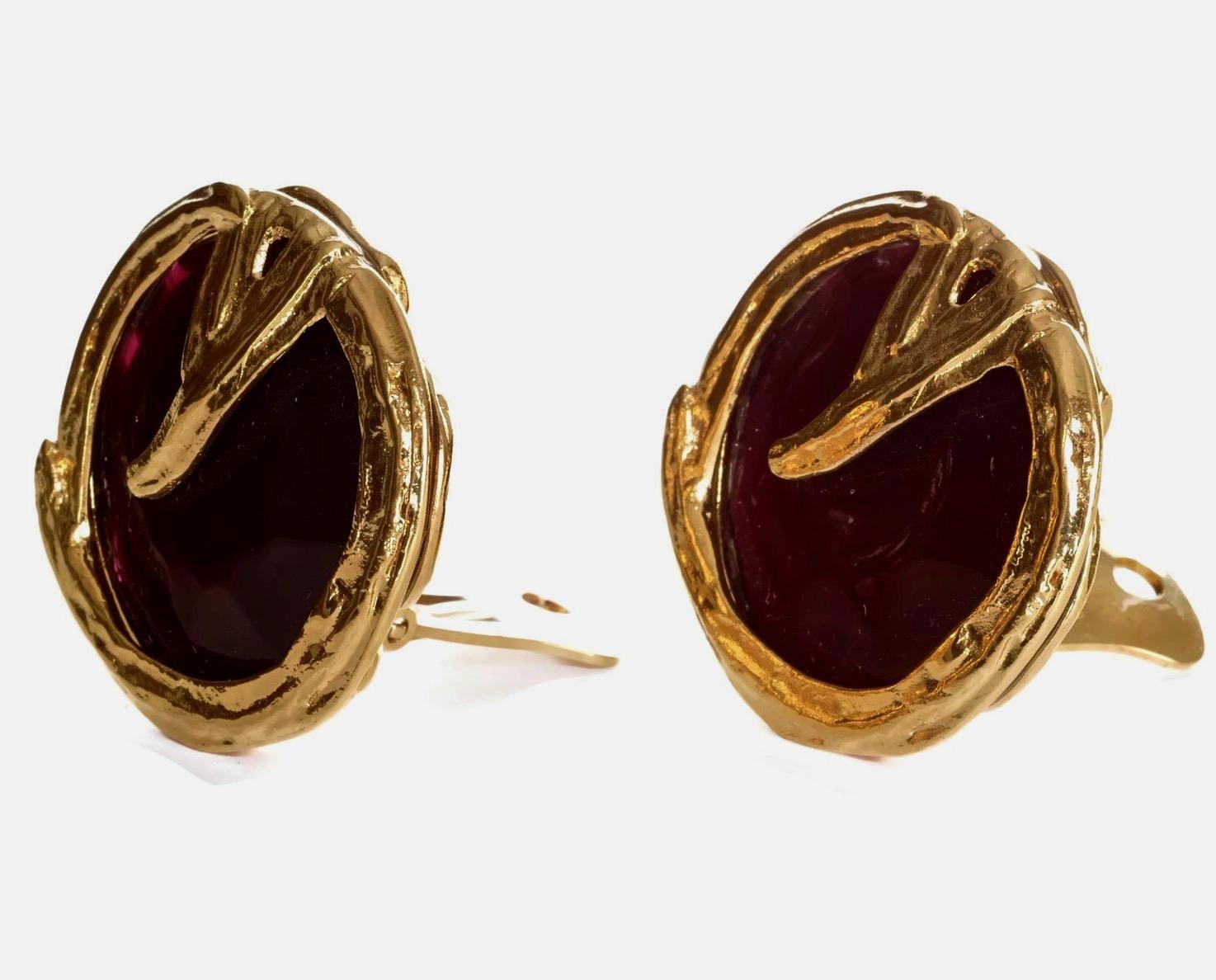 Vintage YVES SAINT LAURENT Ysl Ruby Red Faceted Gilt Earrings 4