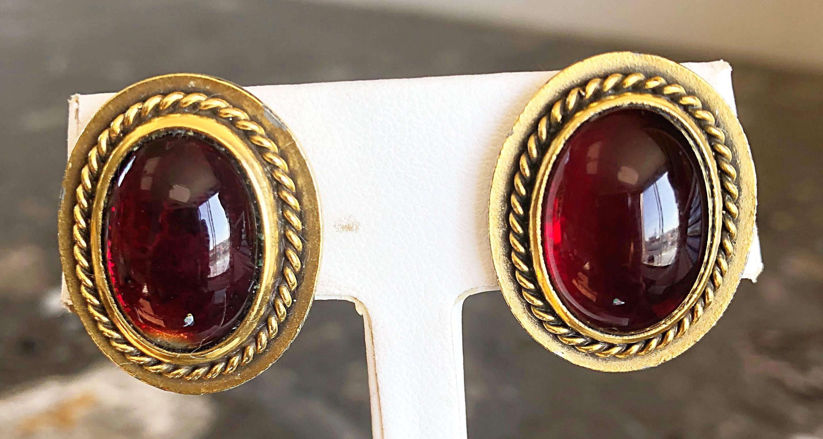 Women's Vintage Yves Saint Laurent YSL Ruby Red Gripoix Gold Round Clip On Earrings