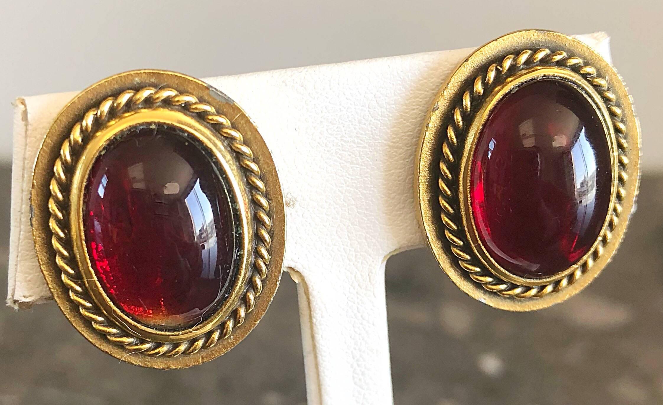Vintage Yves Saint Laurent YSL Ruby Red Gripoix Gold Round Clip On Earrings 1