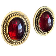 Vintage Yves Saint Laurent YSL Ruby Red Gripoix Gold Round Clip On Earrings