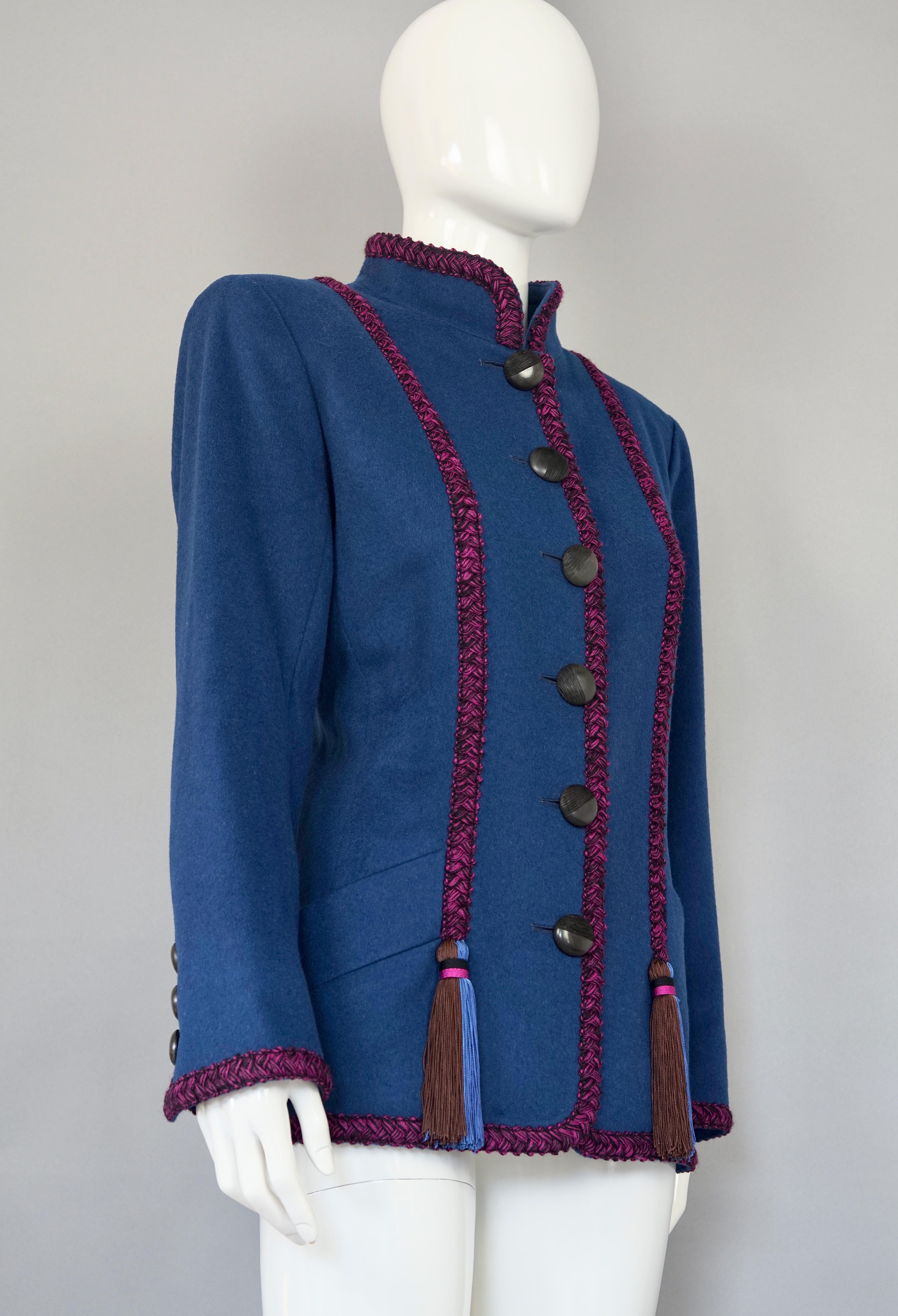 Vintage YVES SAINT LAURENT Ysl Russian Passementerie Tassel Jacket

Measurements taken laid flat, please double bust and waist:
Shoulders: 17.32 inches (44cm)
Sleeves: 23.22 inches (59 cm)
Bust: 20.07 inches (51 cm)
Waist: 18.11 inches (46