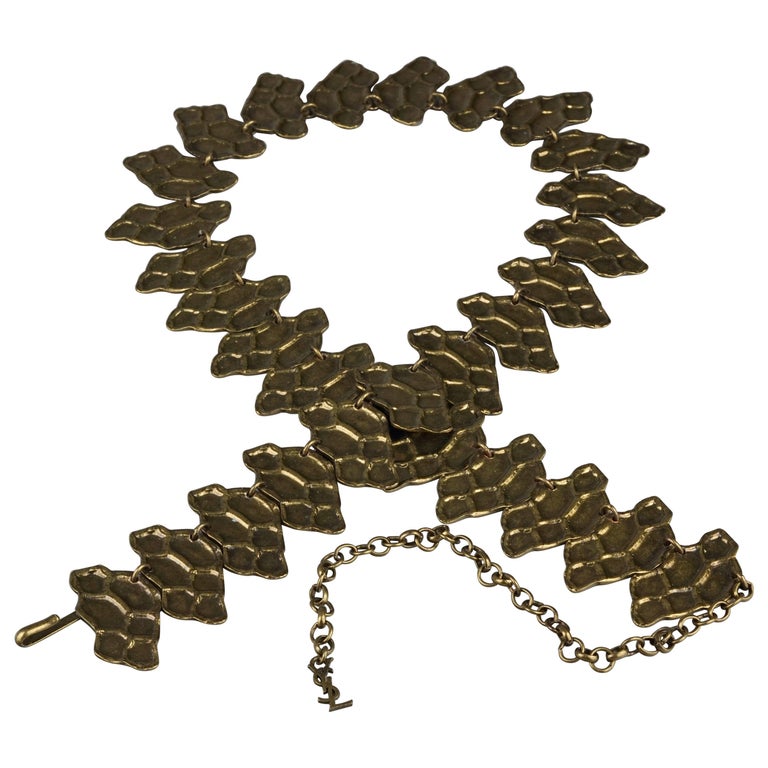 vintage yves saint laurent ysl snake pattern bronze link necklace belt