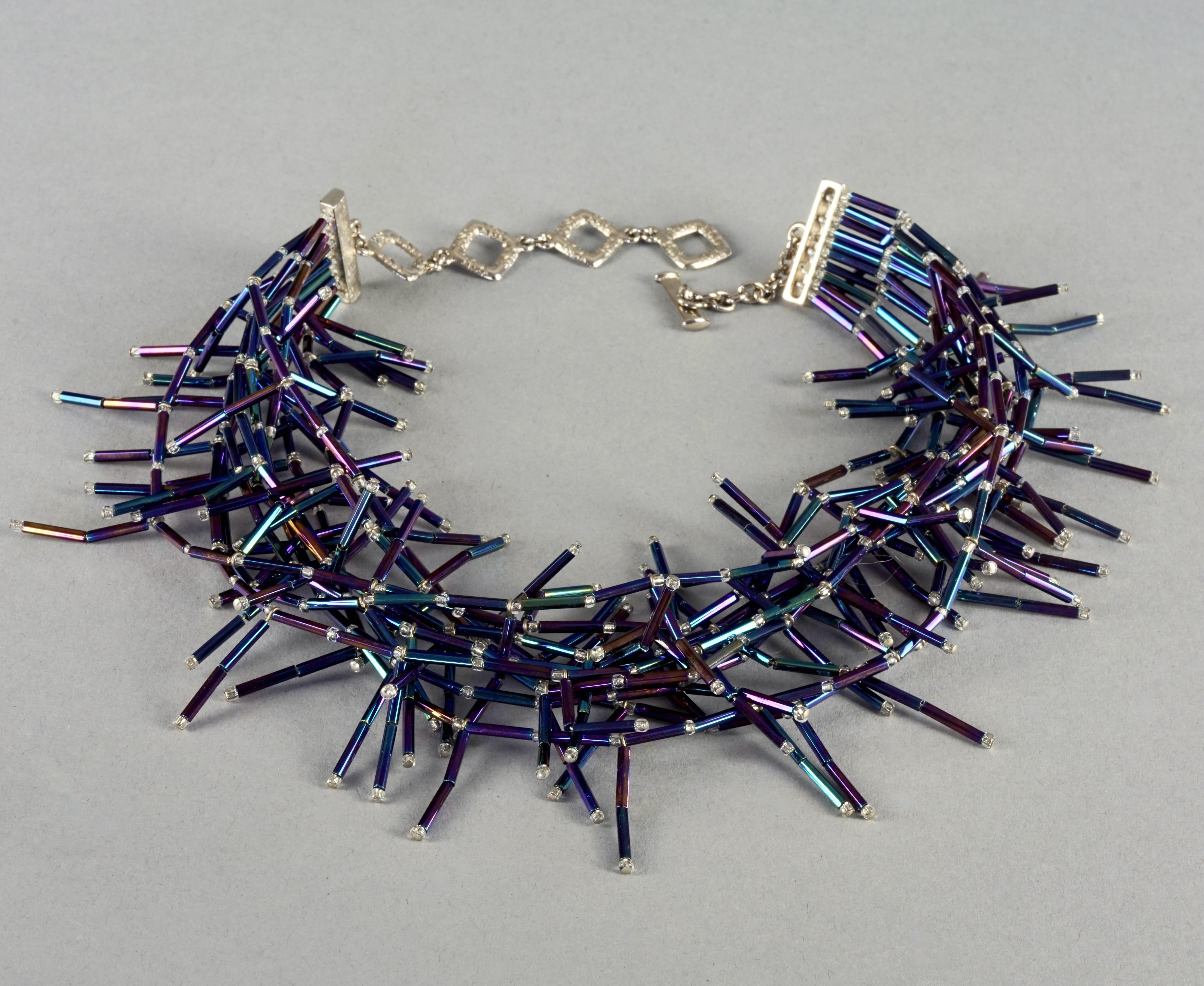 Vintage YVES SAINT LAURENT Ysl Spiky Iridescent Blue Glass Bead Choker Necklace For Sale 2