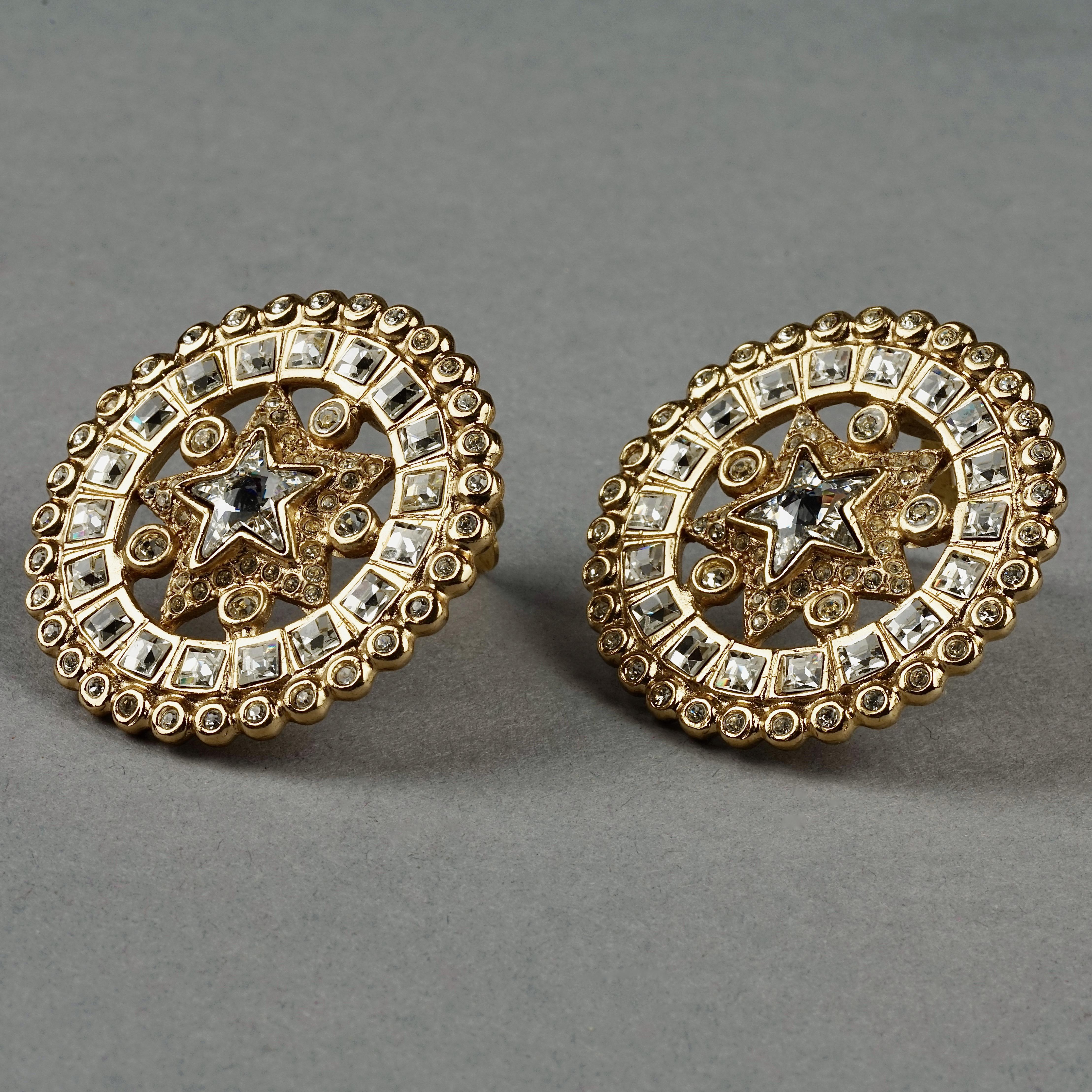 Vintage YVES SAINT LAURENT Ysl Star Rhinestone Medallion Disc Earrings For Sale 1