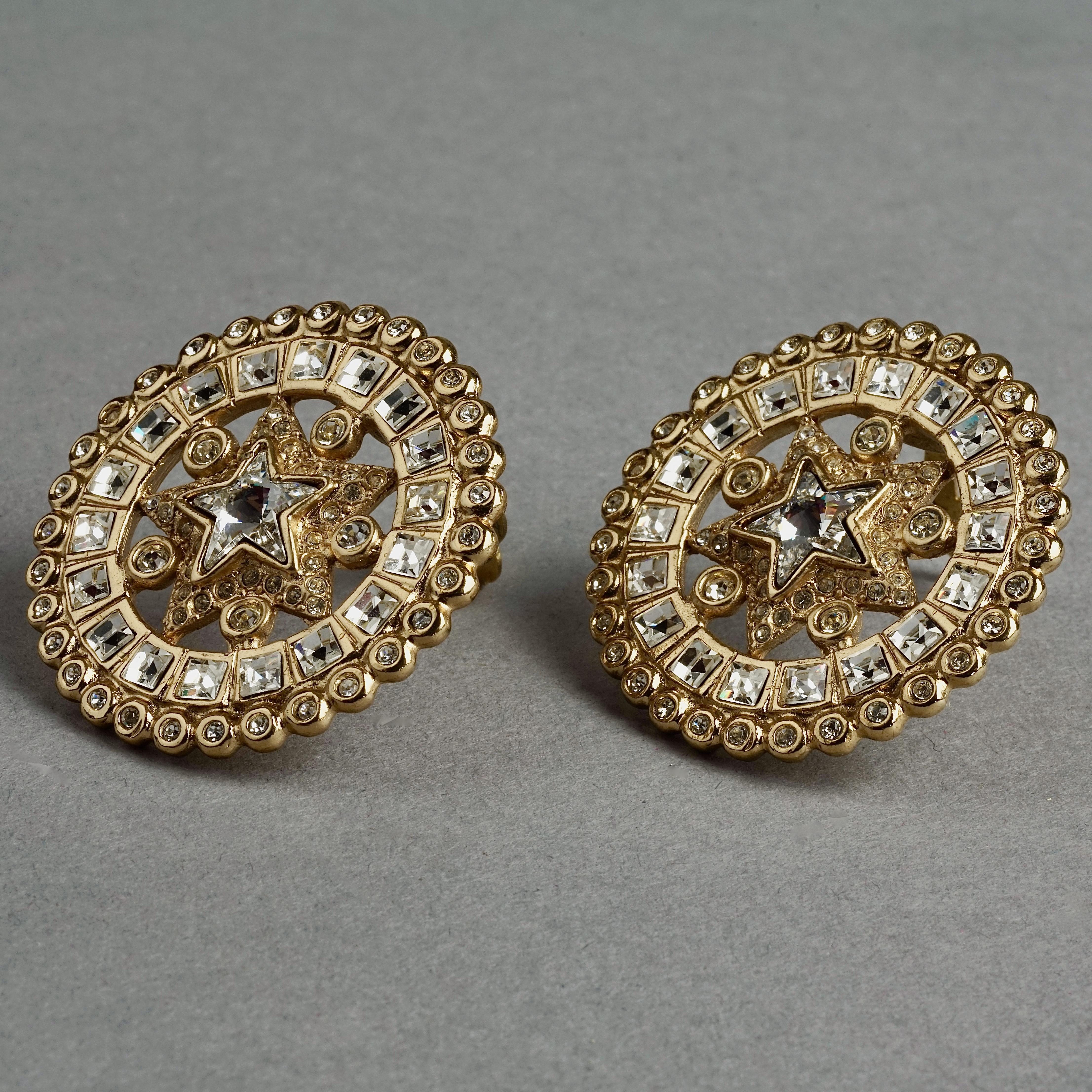 Vintage YVES SAINT LAURENT Ysl Star Rhinestone Medallion Disc Earrings For Sale 2
