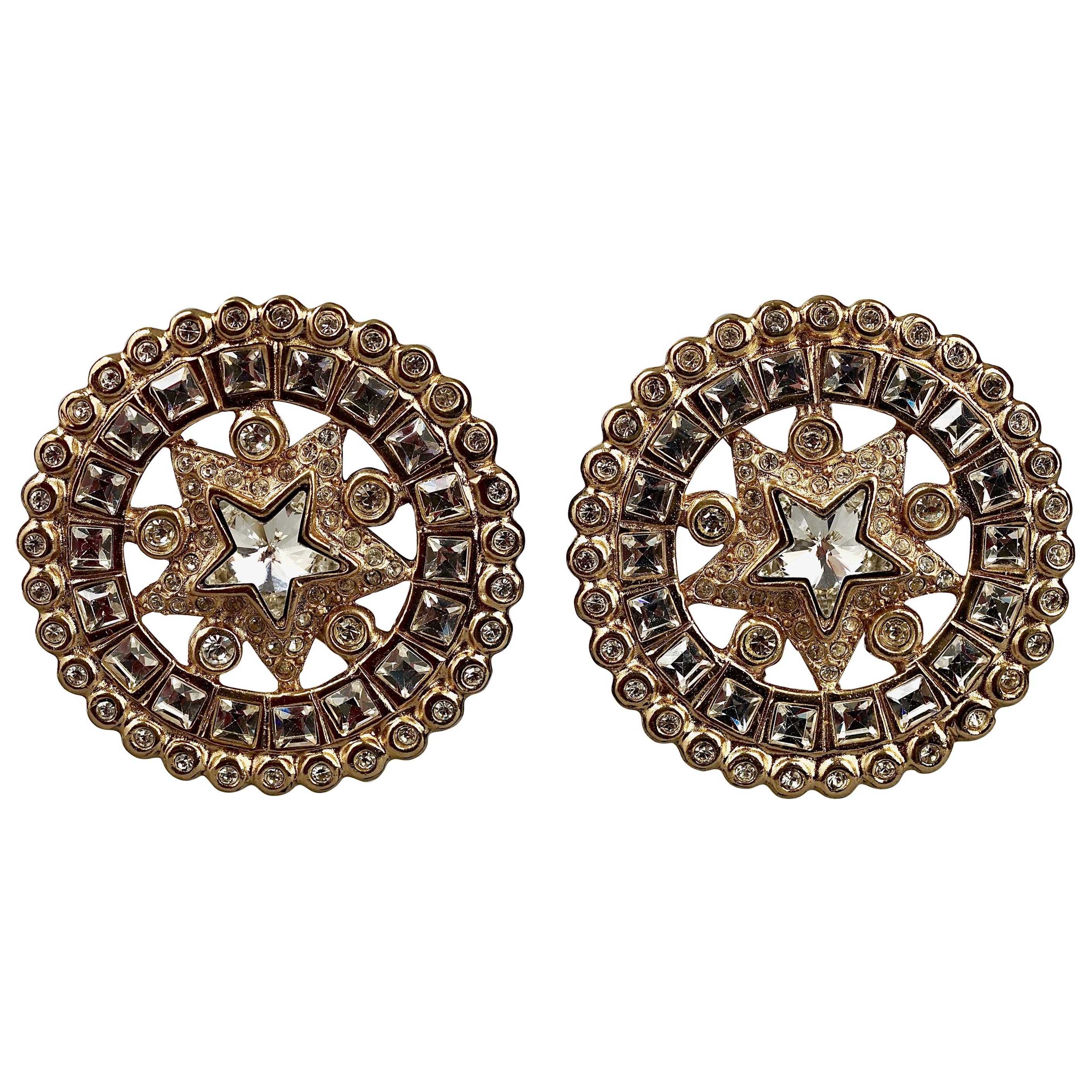 Vintage YVES SAINT LAURENT Ysl Star Rhinestone Medallion Disc Earrings For Sale