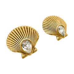 Vintage Yves Saint Laurent YSL Statement Fancy Cut Crystal Shell Earrings 1980's
