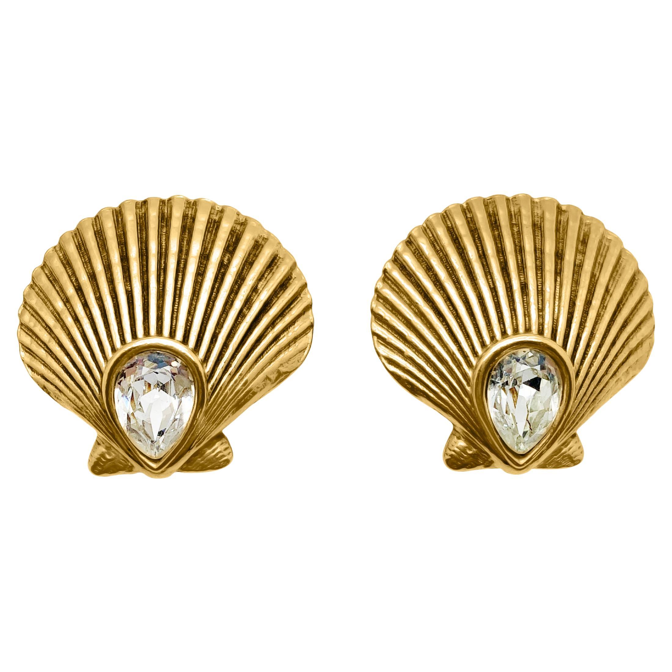 Vintage Yves Saint Laurent YSL Statement Fancy Cut Crystal Shell Earrings 1980's