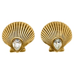 Vintage Yves Saint Laurent YSL Statement Fancy Cut Crystal Shell Earrings 1980's