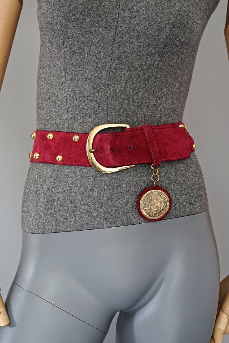 Vintage YVES SAINT LAURENT Ysl Studded Medallion Red Belt 2