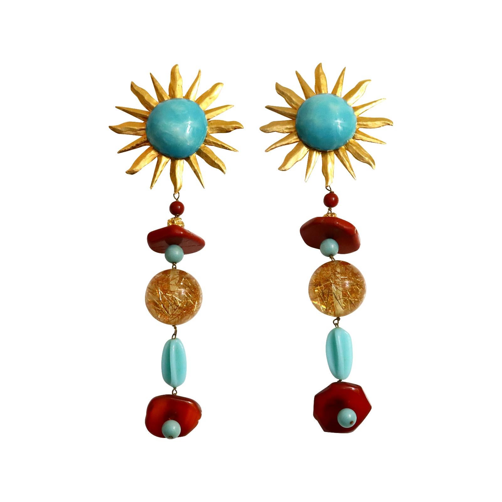 Vintage Yves Saint Laurent YSL Couture Sun Burst Long Dangling Earrings Circa 1980s. These have Faux turquoise, amber, gold beads, quartz beads.  These were created for the YSL defile runway.  They are not signed but have the plaque.  These will