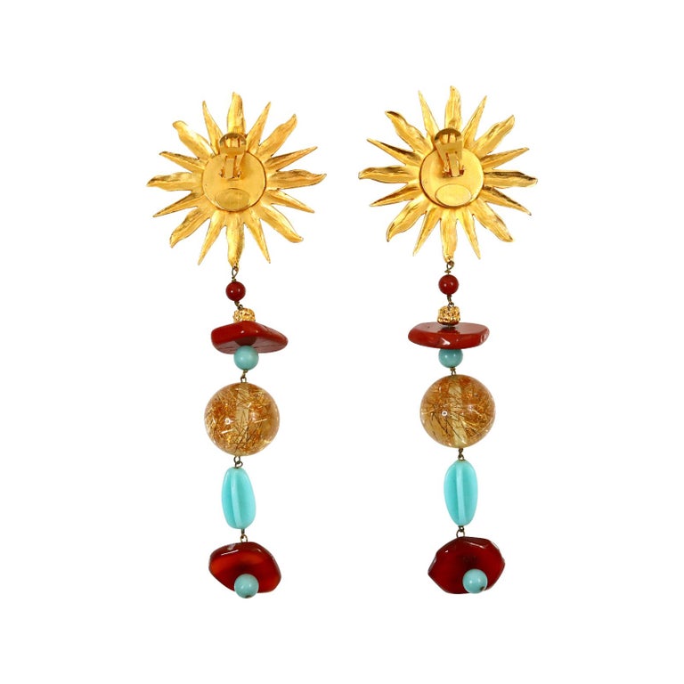 Vintage Yves Saint Laurent Ysl Sun Burst Long Dangling Earrings, Circa 1980s In Excellent Condition For Sale In New York, NY