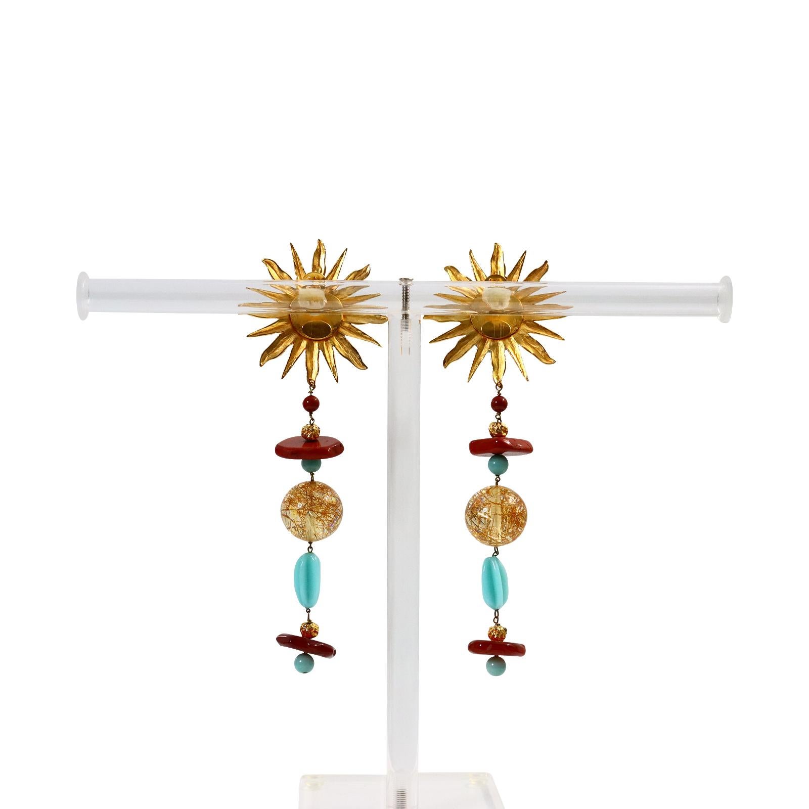 Women's or Men's Vintage Yves Saint Laurent YSL Couture Sun Long Dangling Earrings Circa 1980s For Sale