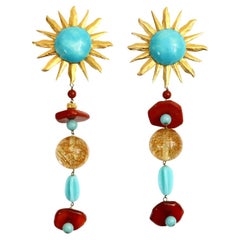 Retro Yves Saint Laurent YSL Couture Sun Long Dangling Earrings Circa 1980s