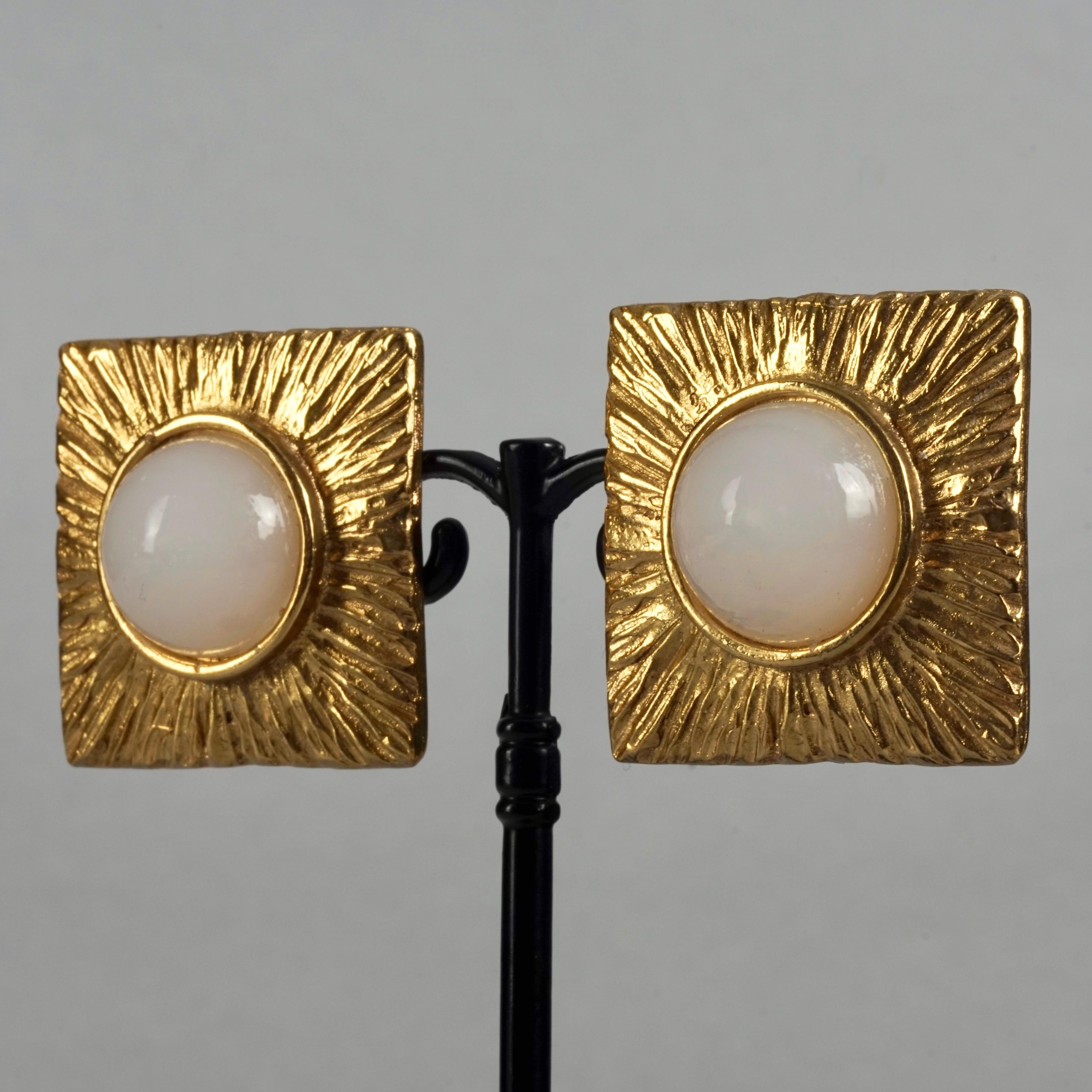 Vintage YVES SAINT LAURENT Ysl Sunburst Square Milk Glass Cabochon Earrings 3