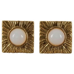 Vintage YVES SAINT LAURENT Ysl Sunburst Square Milk Glass Cabochon Earrings