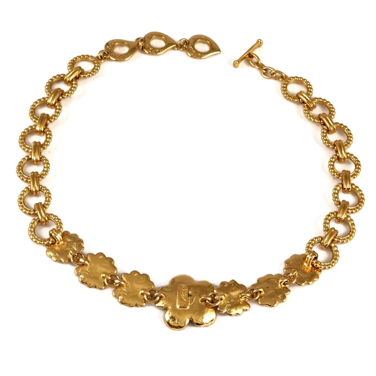 Women's Vintage YVES SAINT LAURENT Ysl Textured Flower Chain Link Necklace