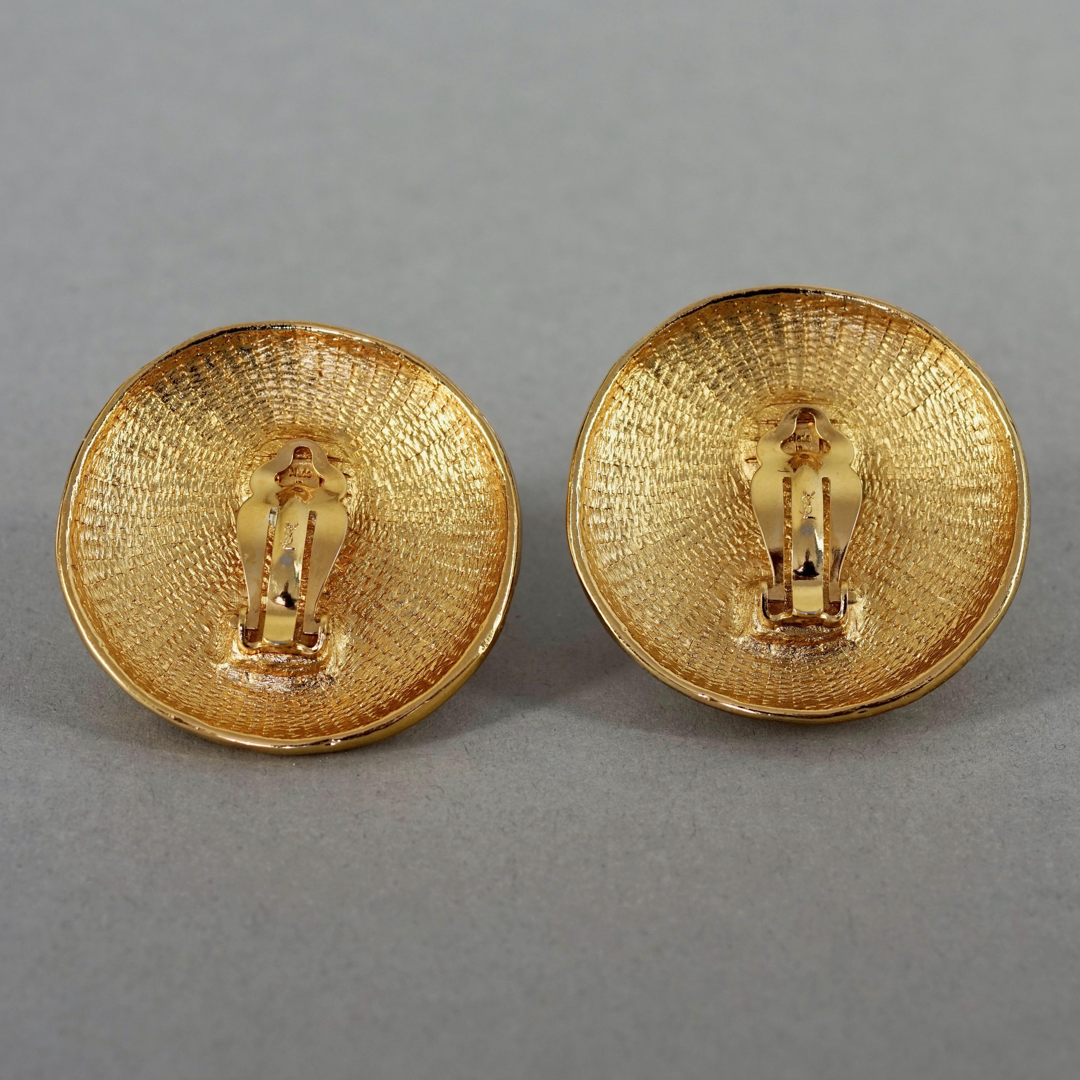 Vintage YVES SAINT LAURENT Ysl Textured Gold Round Earrings For Sale 5