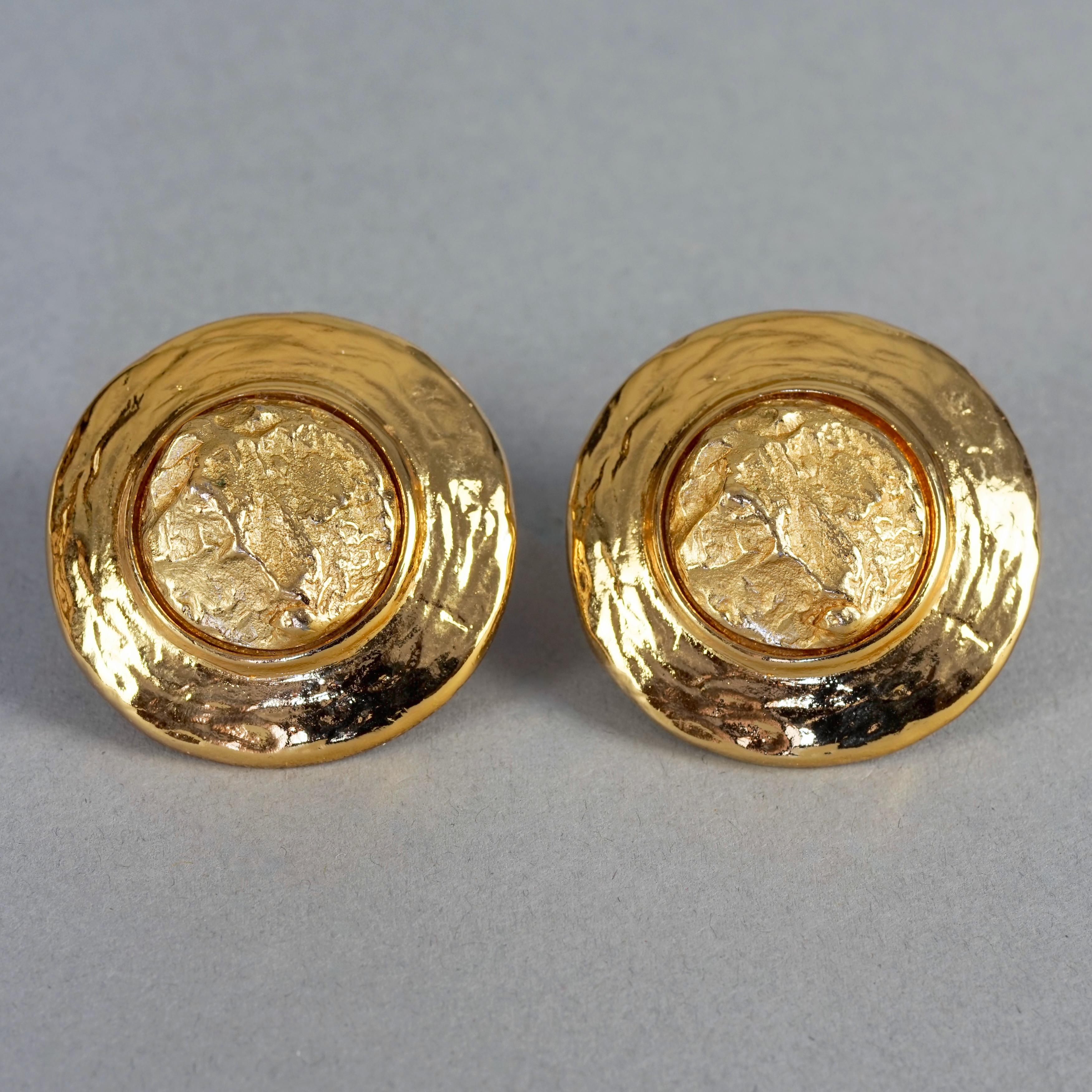 Vintage YVES SAINT LAURENT Ysl Textured Gold Round Earrings For Sale 1