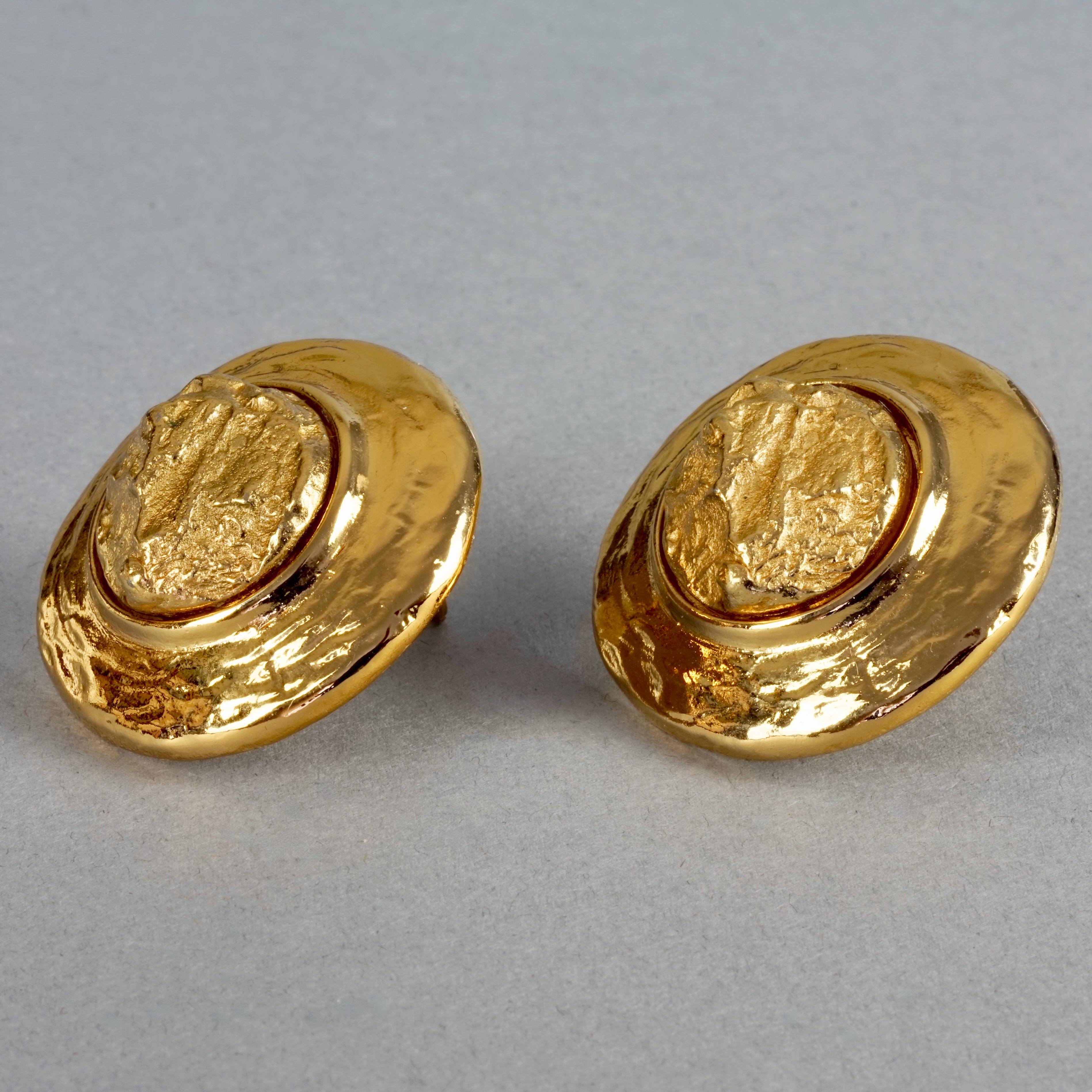 Vintage YVES SAINT LAURENT Ysl Textured Gold Round Earrings For Sale 2