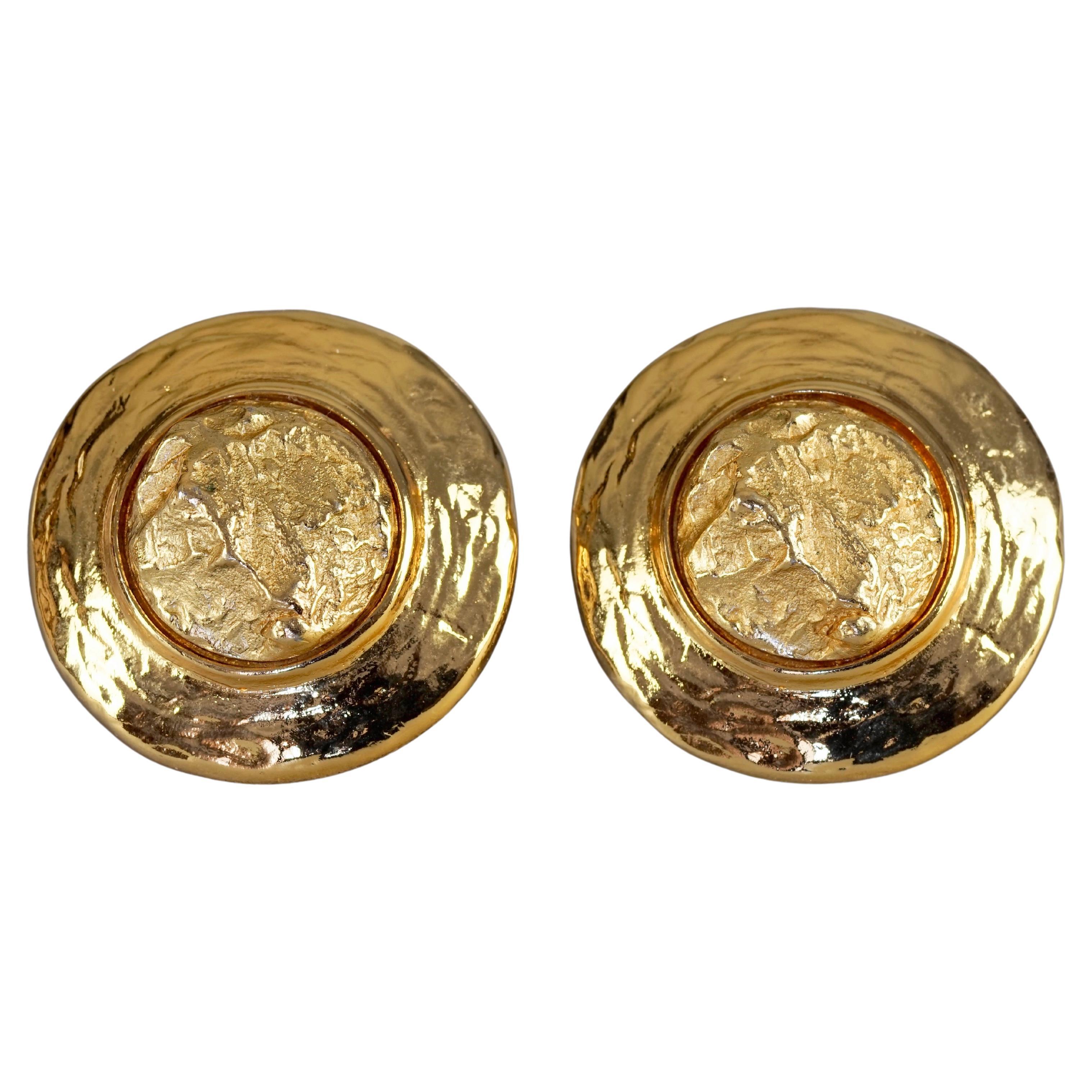 Vintage YVES SAINT LAURENT Ysl Textured Gold Round Earrings For Sale