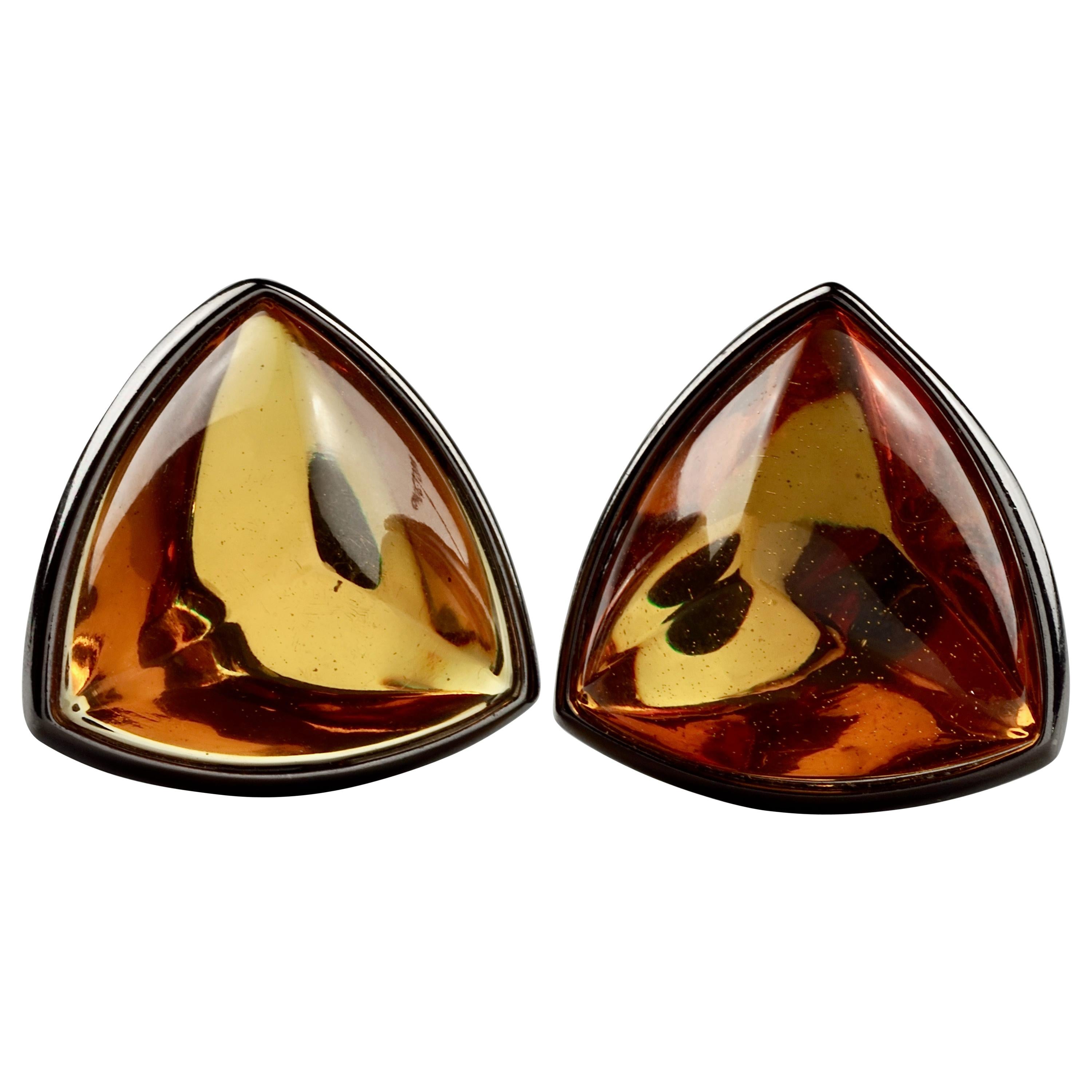 Vintage YVES SAINT LAURENT Ysl Triangle Amber Cabochon Earrings For Sale