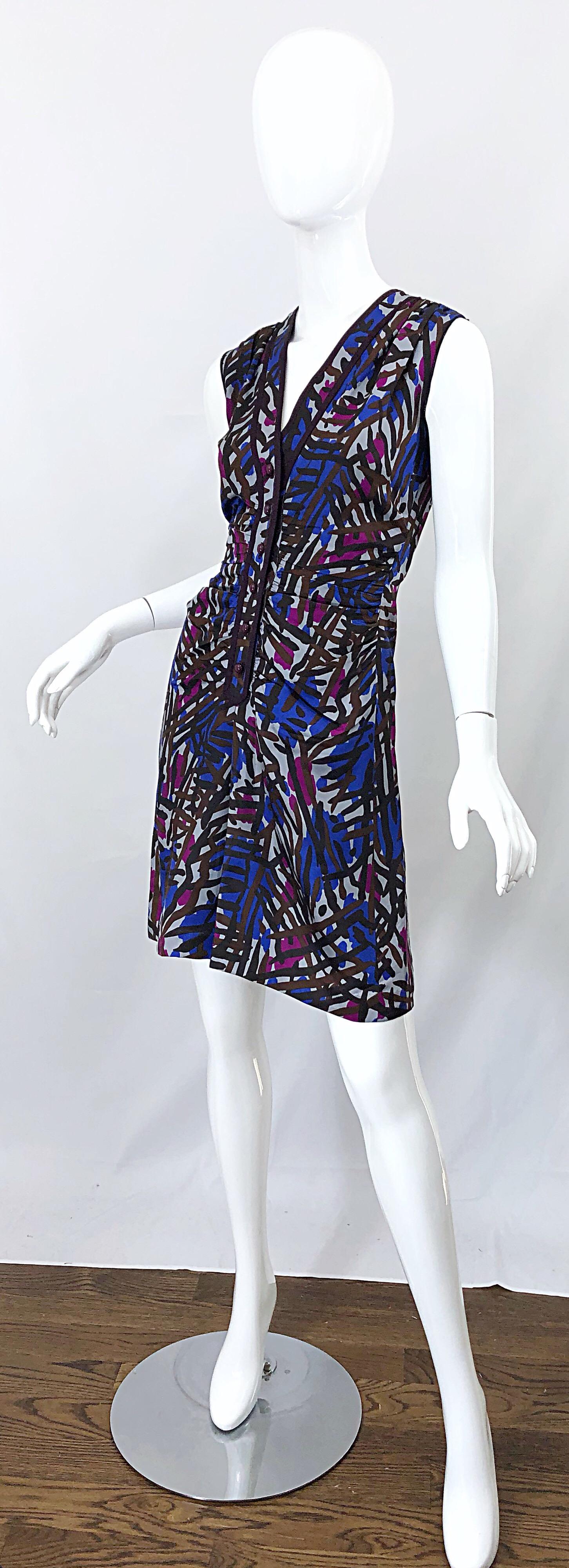 Vintage YSL Yves Saint Laurent YSL Tribal Graffiti Purple + Pink Silk Dress In Excellent Condition For Sale In San Diego, CA