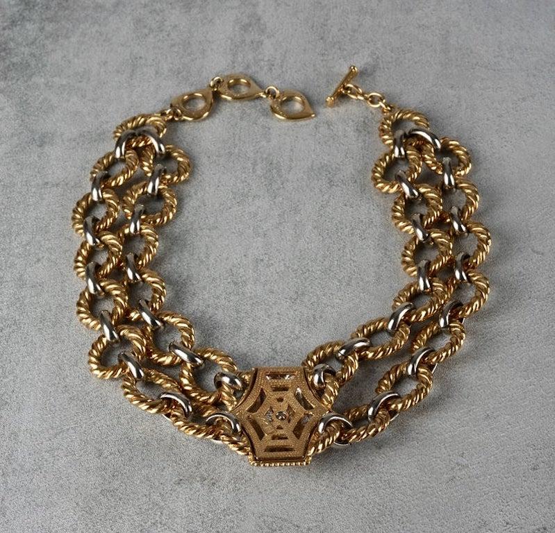 Vintage YVES SAINT LAURENT Ysl Two Tone Hexagon Necklace For Sale 3