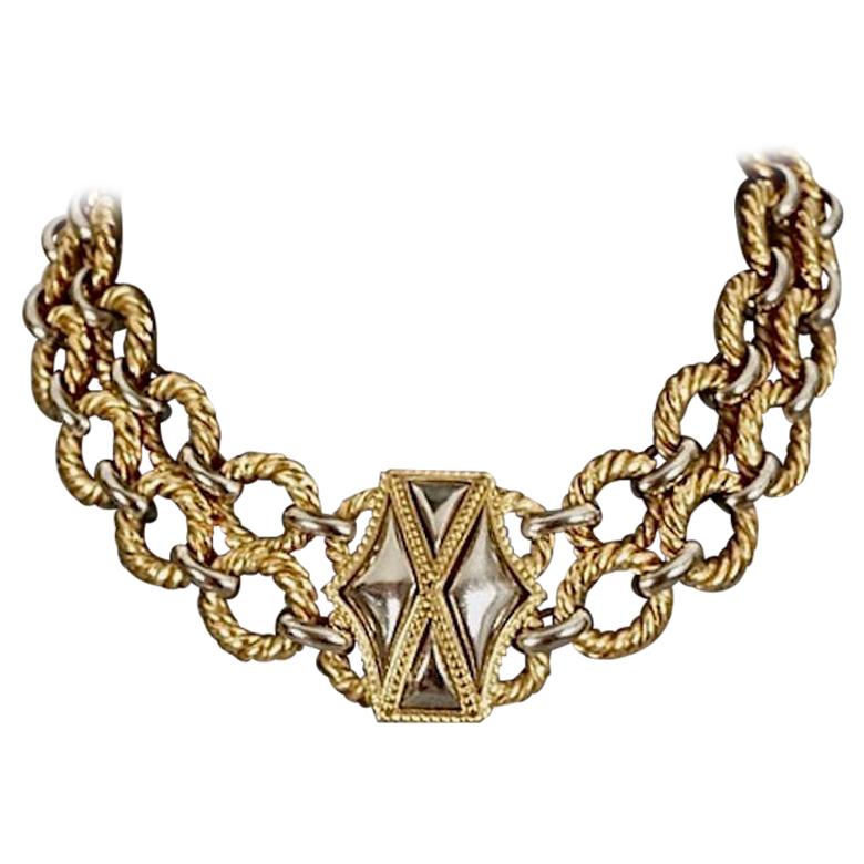 Vintage YVES SAINT LAURENT Ysl Two Tone Hexagon Necklace For Sale