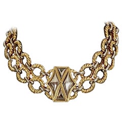 Vintage YVES SAINT LAURENT Ysl Two Tone Hexagon Necklace