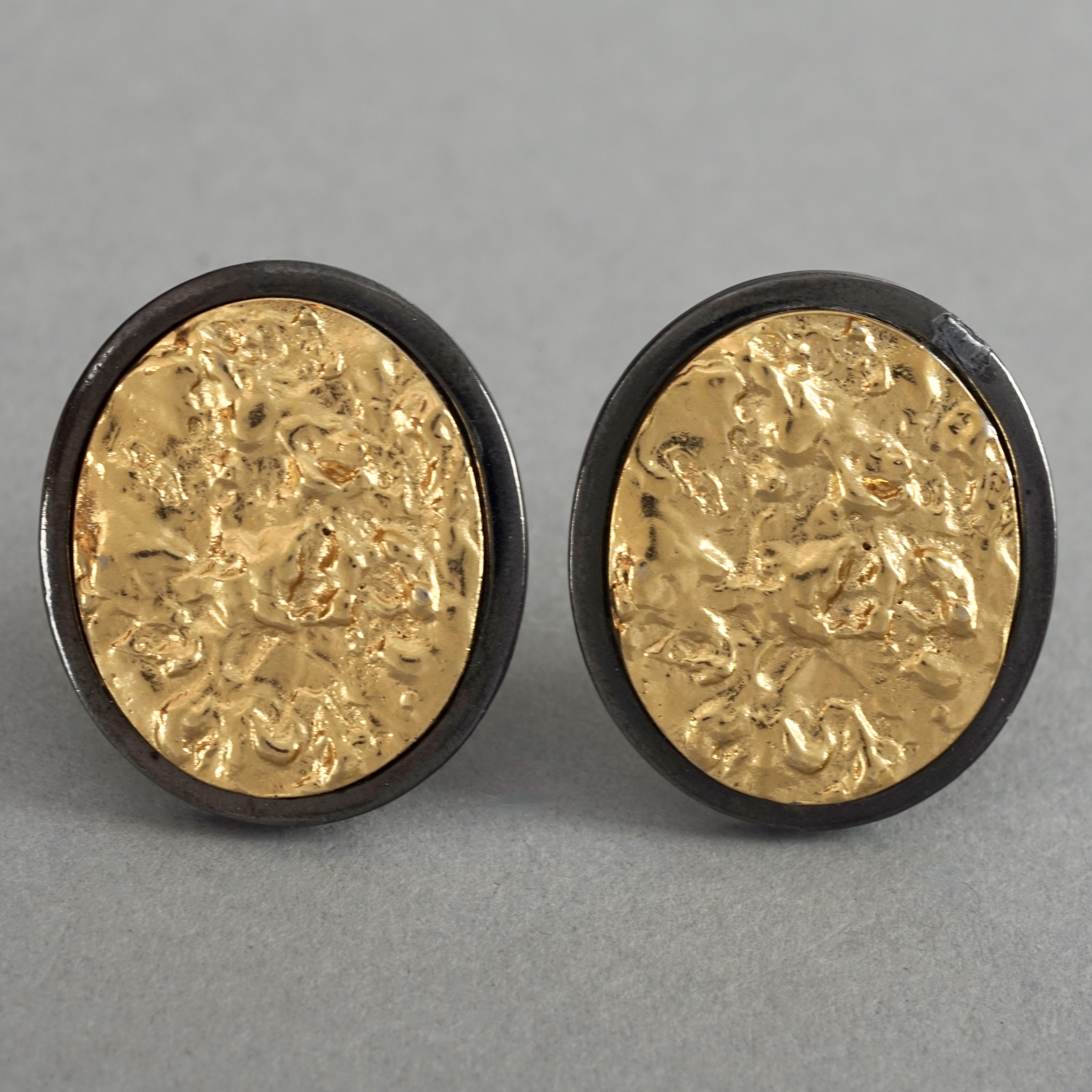 Vintage YVES SAINT LAURENT Ysl Two Tone Textured Oval Disc Earrings For Sale 1