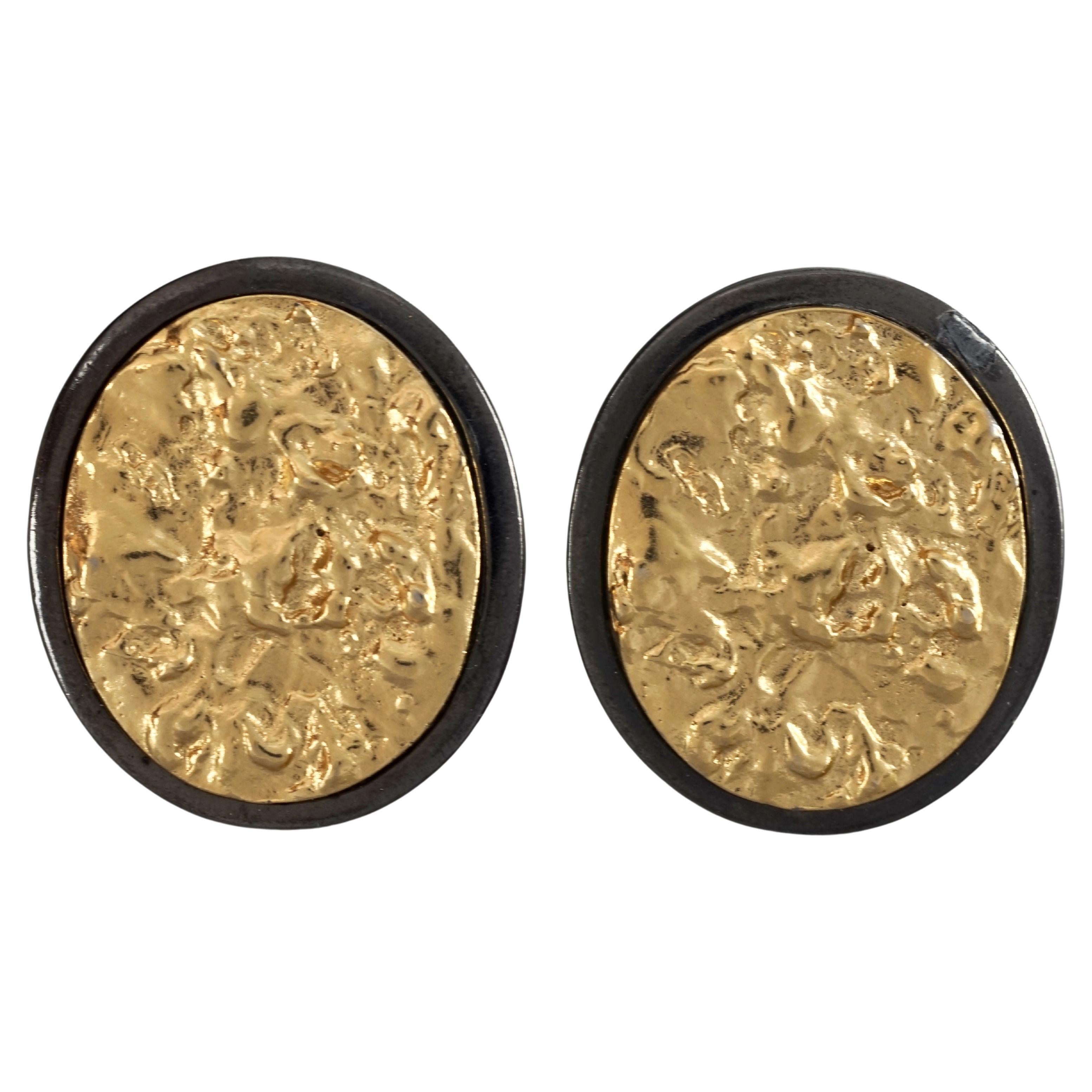 Vintage YVES SAINT LAURENT Ysl Two Tone Textured Oval Disc Earrings For Sale