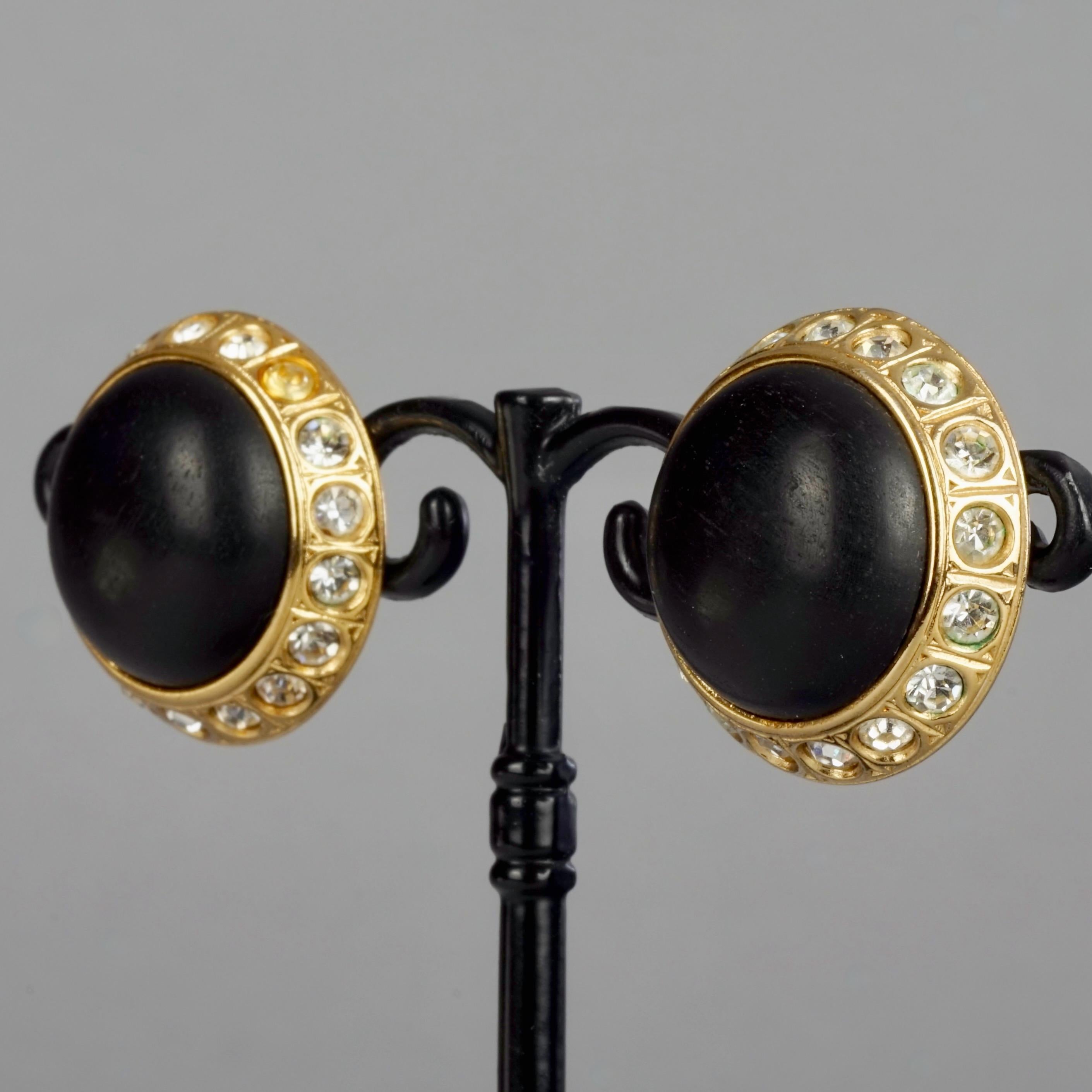 Vintage YVES SAINT LAURENT Ysl Wood Cabochon Rhinestone Dome Earrings For Sale 1