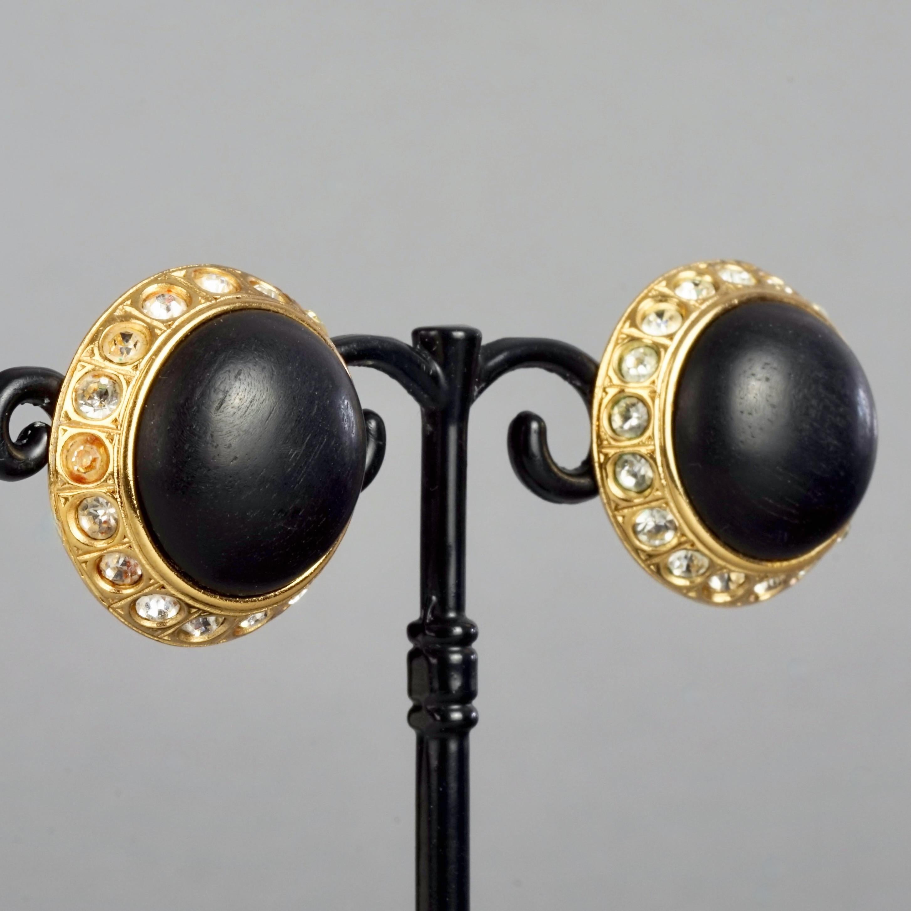 Vintage YVES SAINT LAURENT Ysl Wood Cabochon Rhinestone Dome Earrings For Sale 2