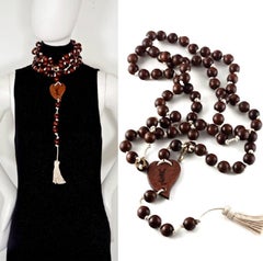 Vintage YVES SAINT LAURENT Ysl Wood Heart Rosary Tassel Belt Necklace