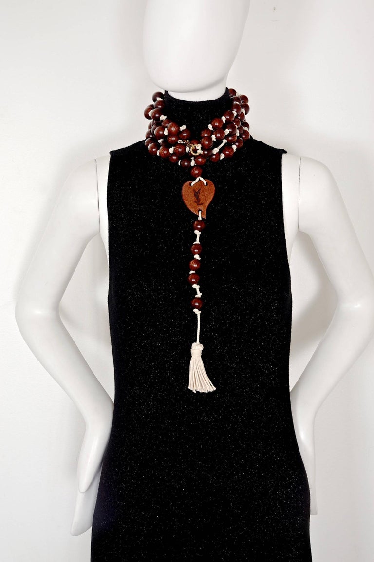 Vintage YVES SAINT LAURENT Ysl Wood Heart Rosary Tassel Belt Necklace ...