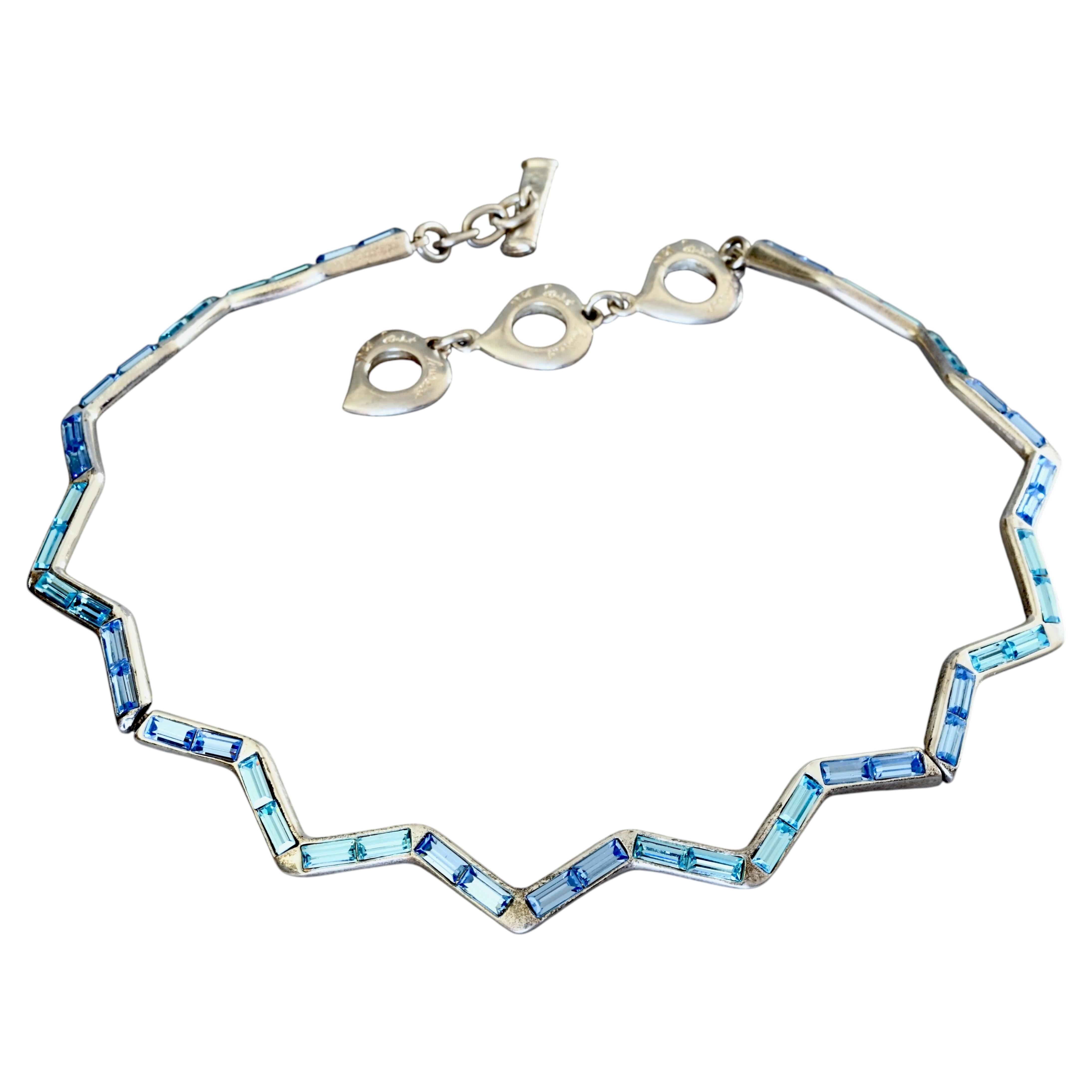 Vintage YVES SAINT LAURENT Ysl Zigzag Blue Rhinestone Choker Necklace For Sale
