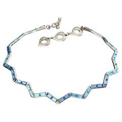 Vintage YVES SAINT LAURENT Ysl Zigzag Blue Rhinestone Choker Necklace