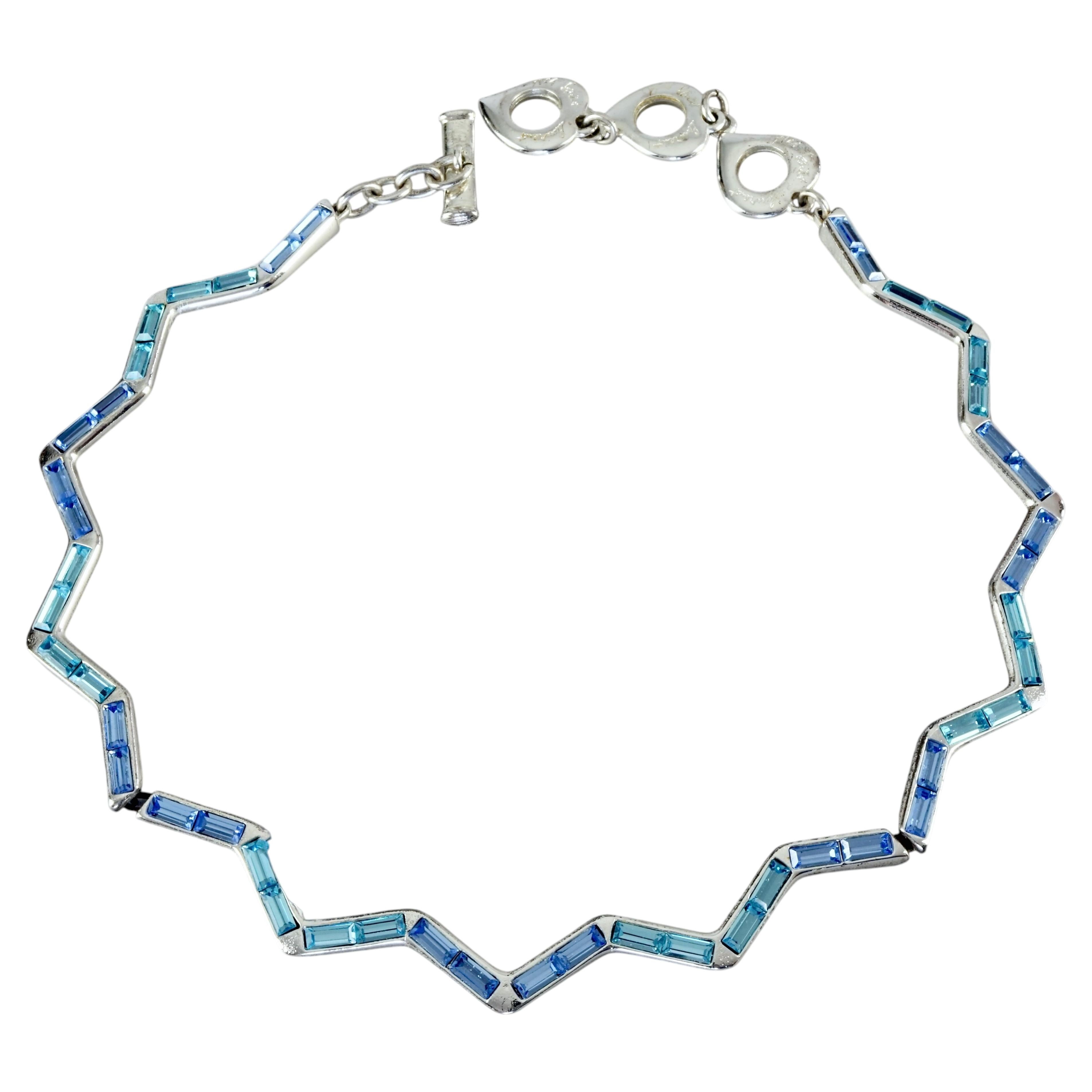 Vintage YVES SAINT LAURENT Ysl Zigzag Blue Rhinestone Necklace For Sale