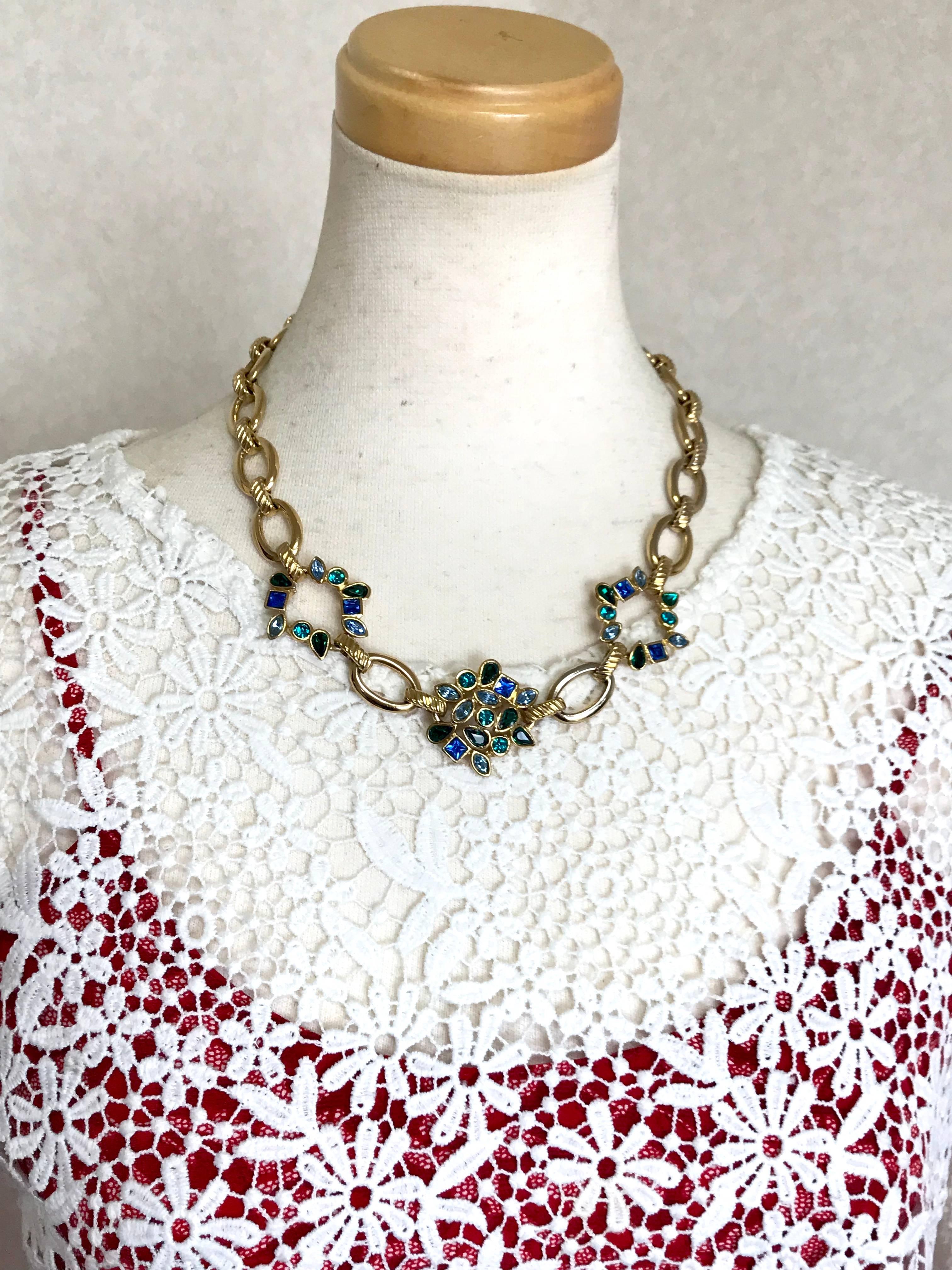 Vintage Yves Saint Laurent, YSL Golden Chain Necklace with Blue and Green Stones For Sale 9