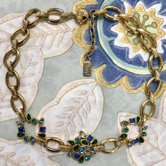 Vintage Yves Saint Laurent, YSL Golden Chain Necklace with Blue and Green Stones