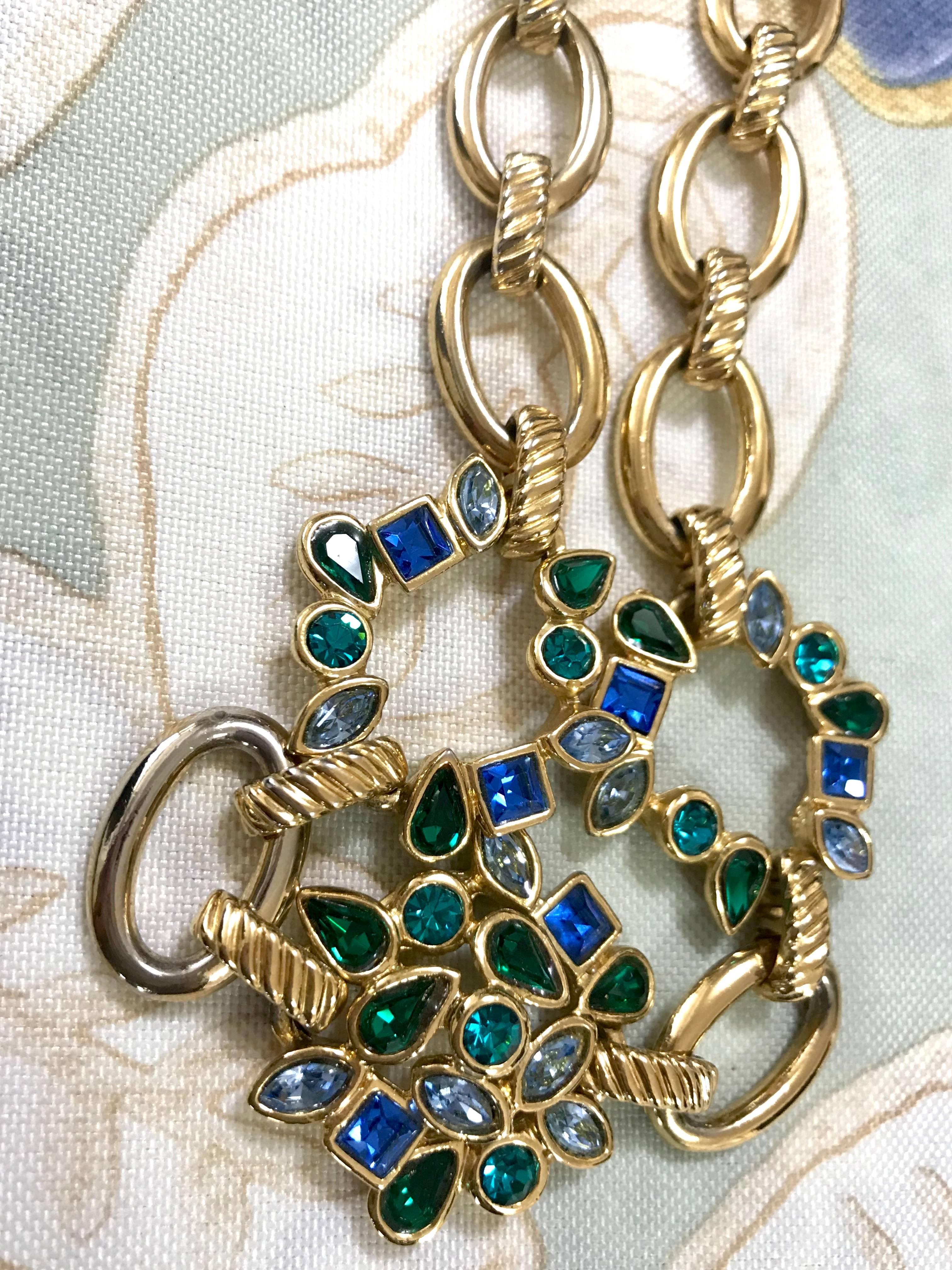 Women's Vintage Yves Saint Laurent, YSL Golden Chain Necklace with Blue and Green Stones For Sale