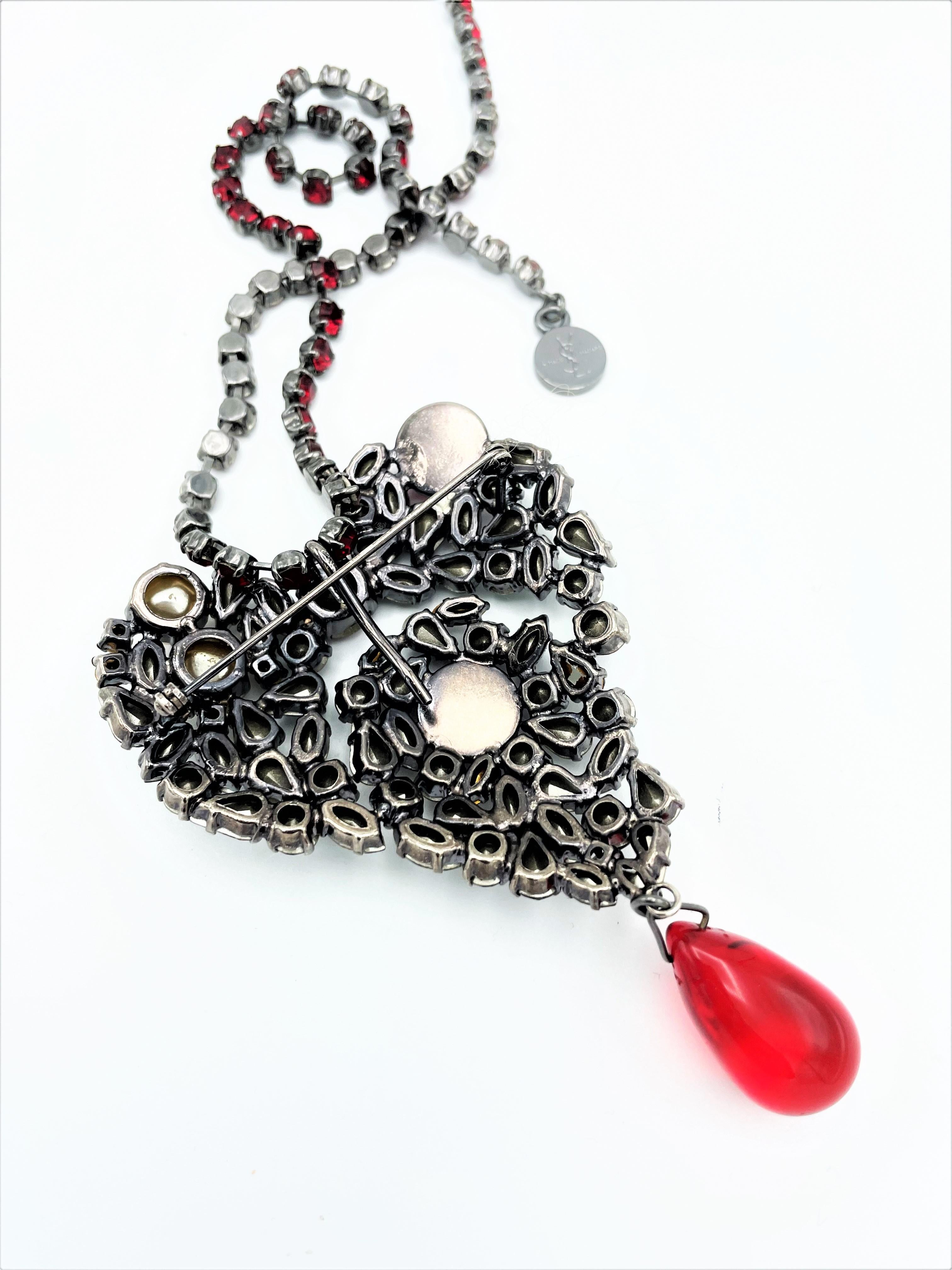 Modernist Yves St.Laurent Paris smoky grey Heart brooch on the chain, rhinestones, 1990s