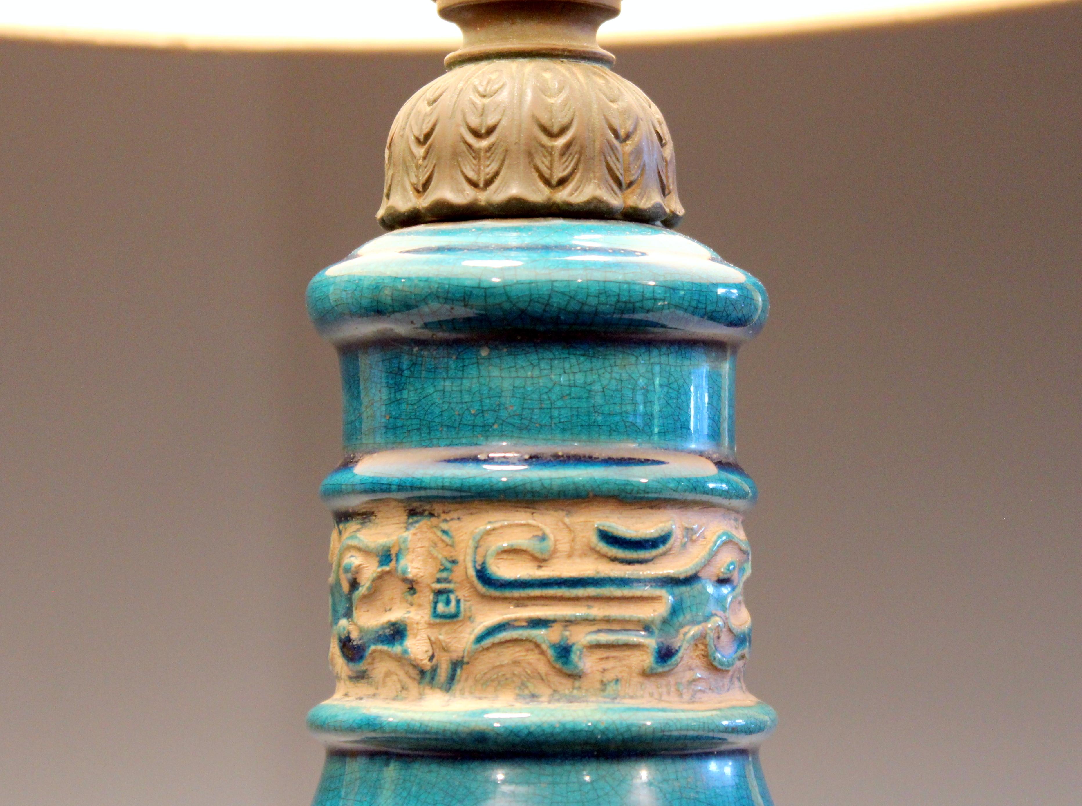 Vintage Zaccagnini Italian Turquoise Pottery Large Ring Handle Raymor Lamp For Sale 1