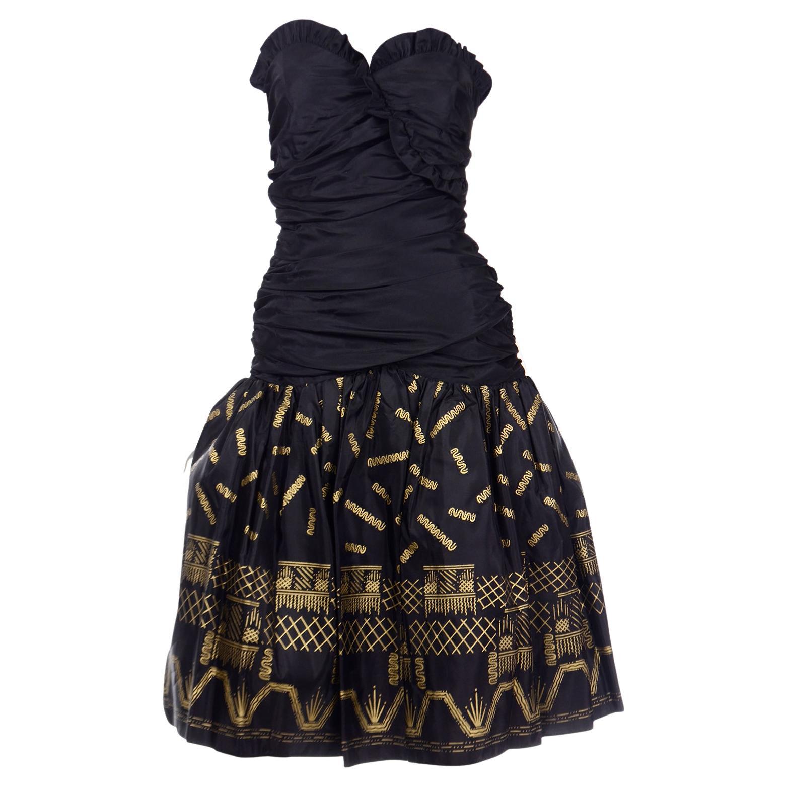 Vintage Zandra Rhodes Black Strapless 1980s Evening Dress w Gold Stencil Design